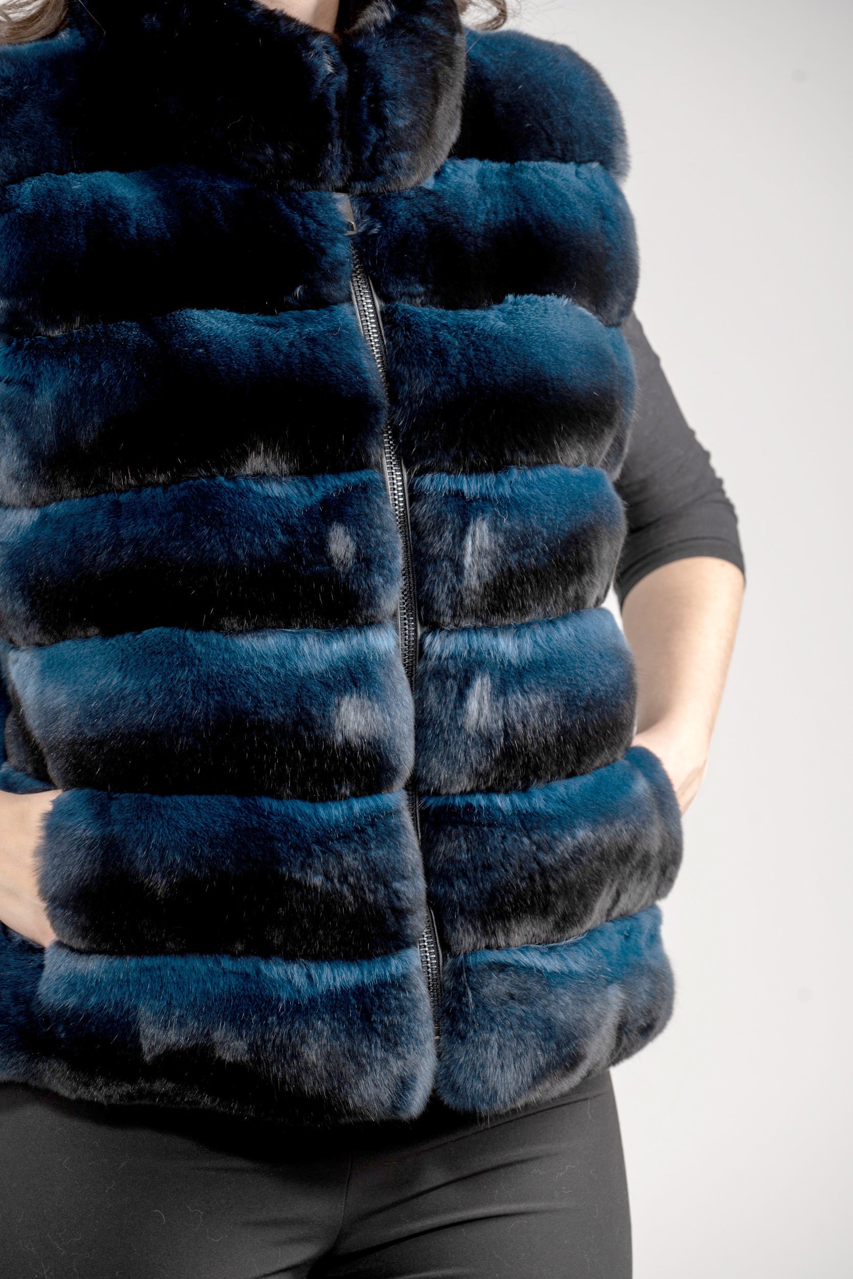 Chinchilla Fur Vest with Stand Collar and Mink Trim in Blue Black P/K2201