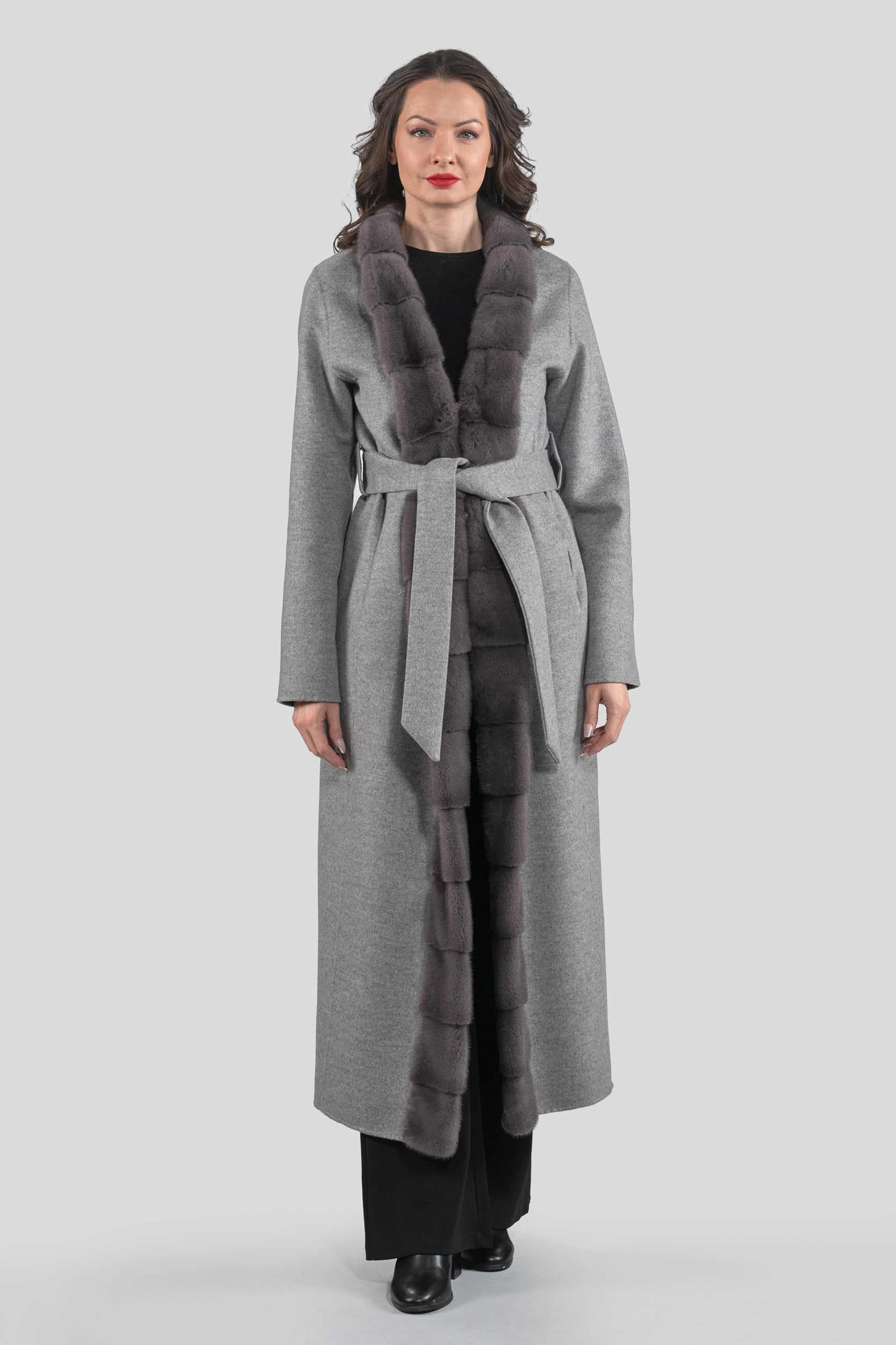 Grey Brown Cashmere Coat with Mink Trim 21C6080