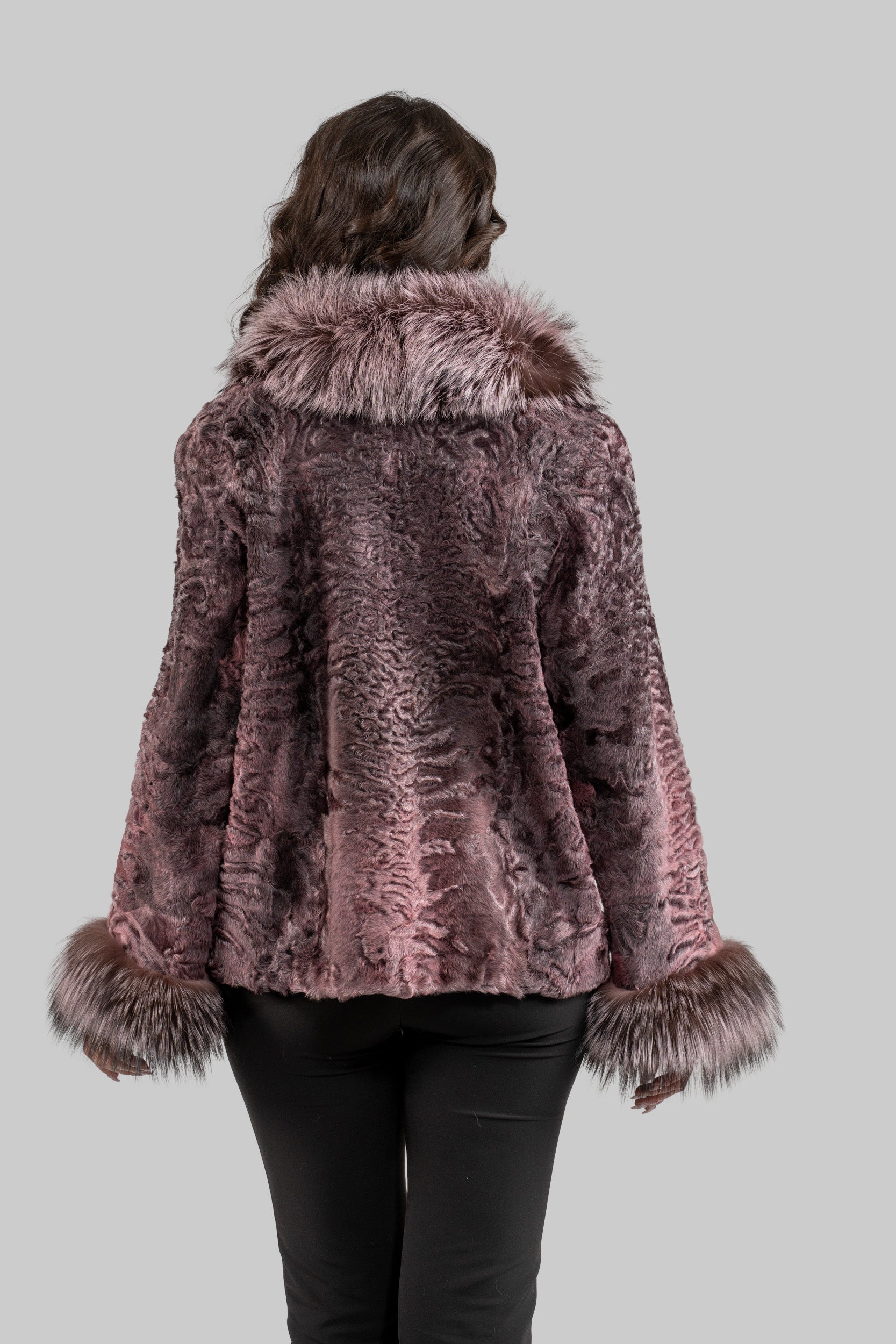 Swakara Jacket With Fox Fur Trim Notch Collar and Cuffs in Pink S/S13C528s20