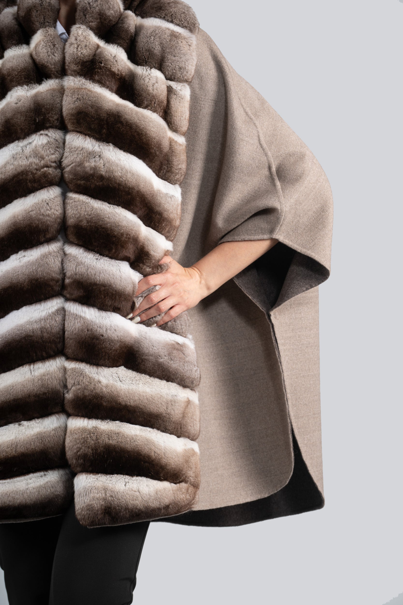 Grey Brown Cashmere Cape with Chinchilla Trim 18M950