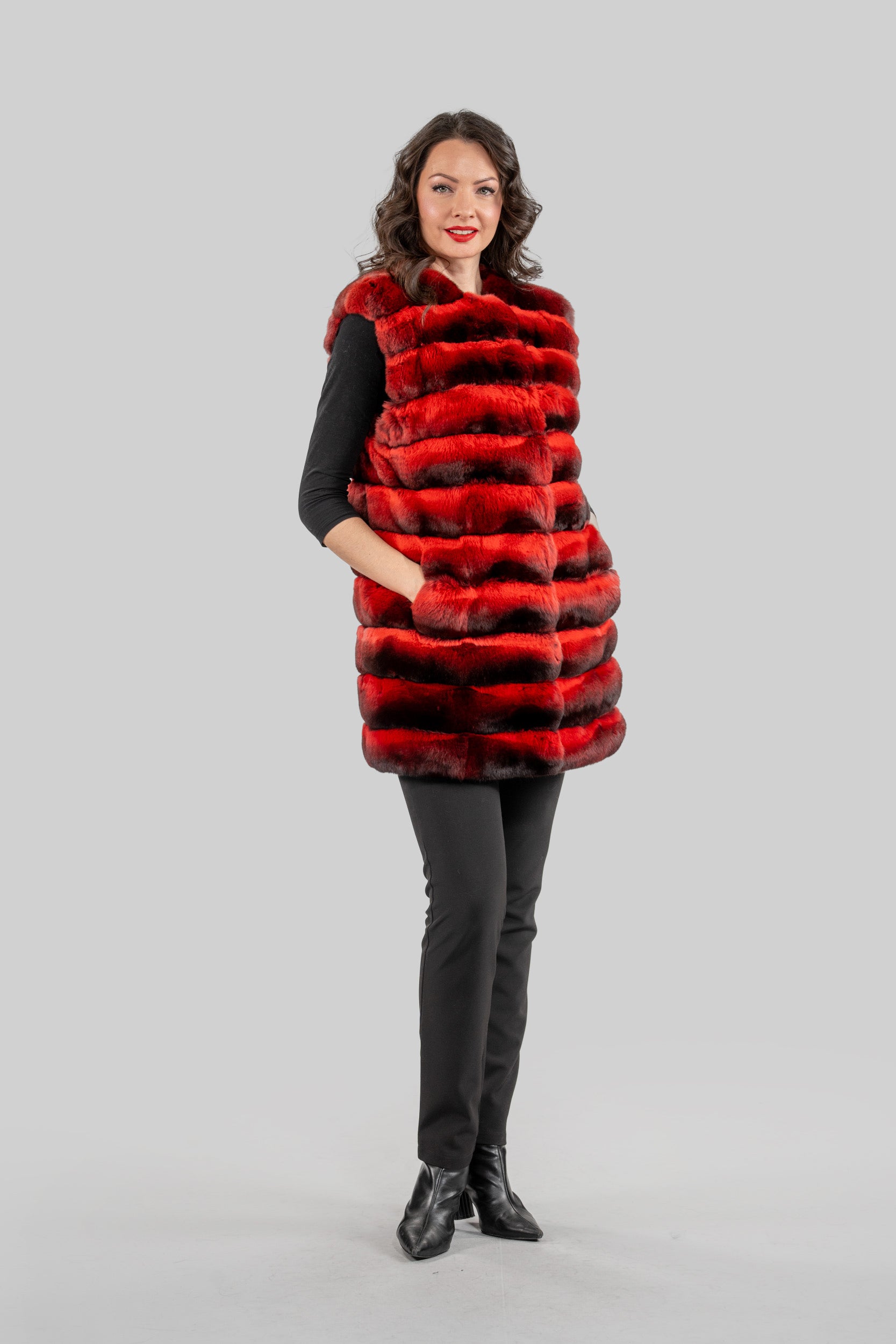 Collarless Crimson Red Chinchilla Vest P/K13C519