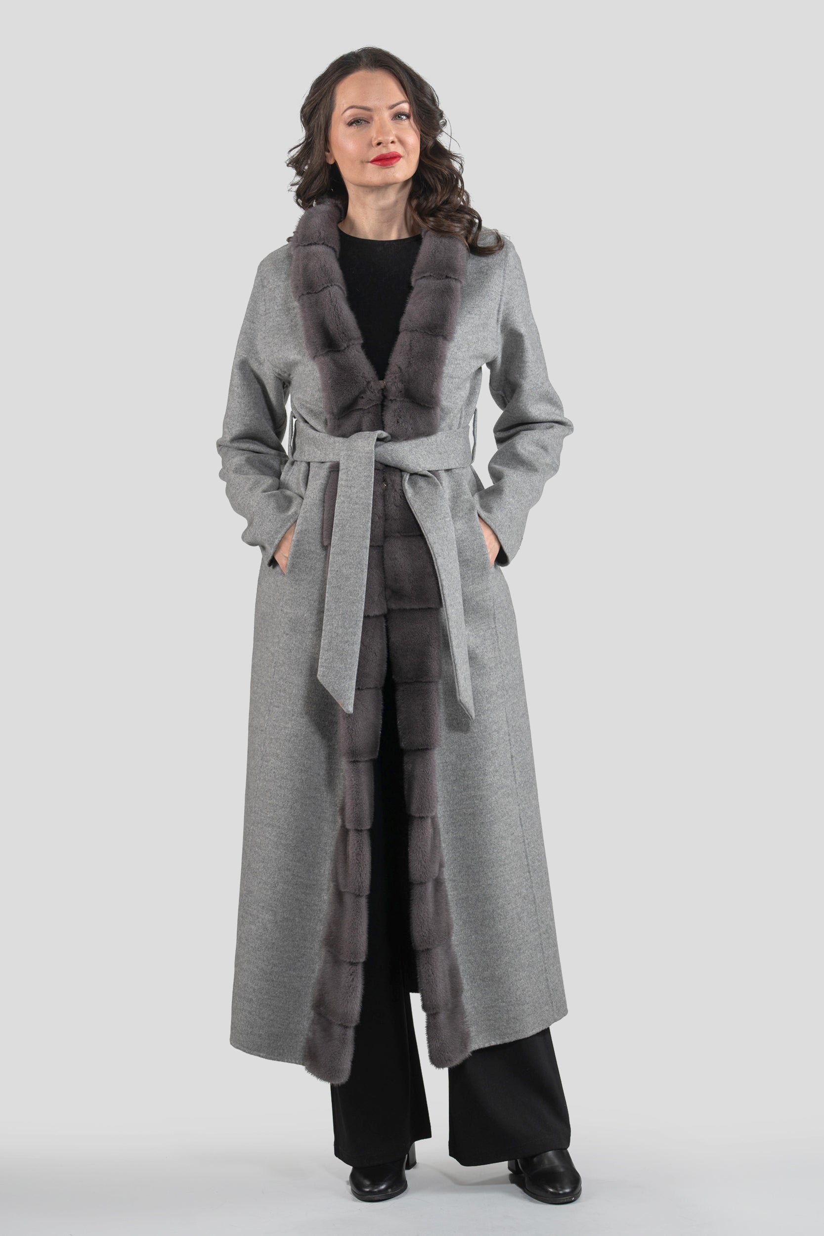 Grey Brown Cashmere Coat with Mink Trim 21C6080