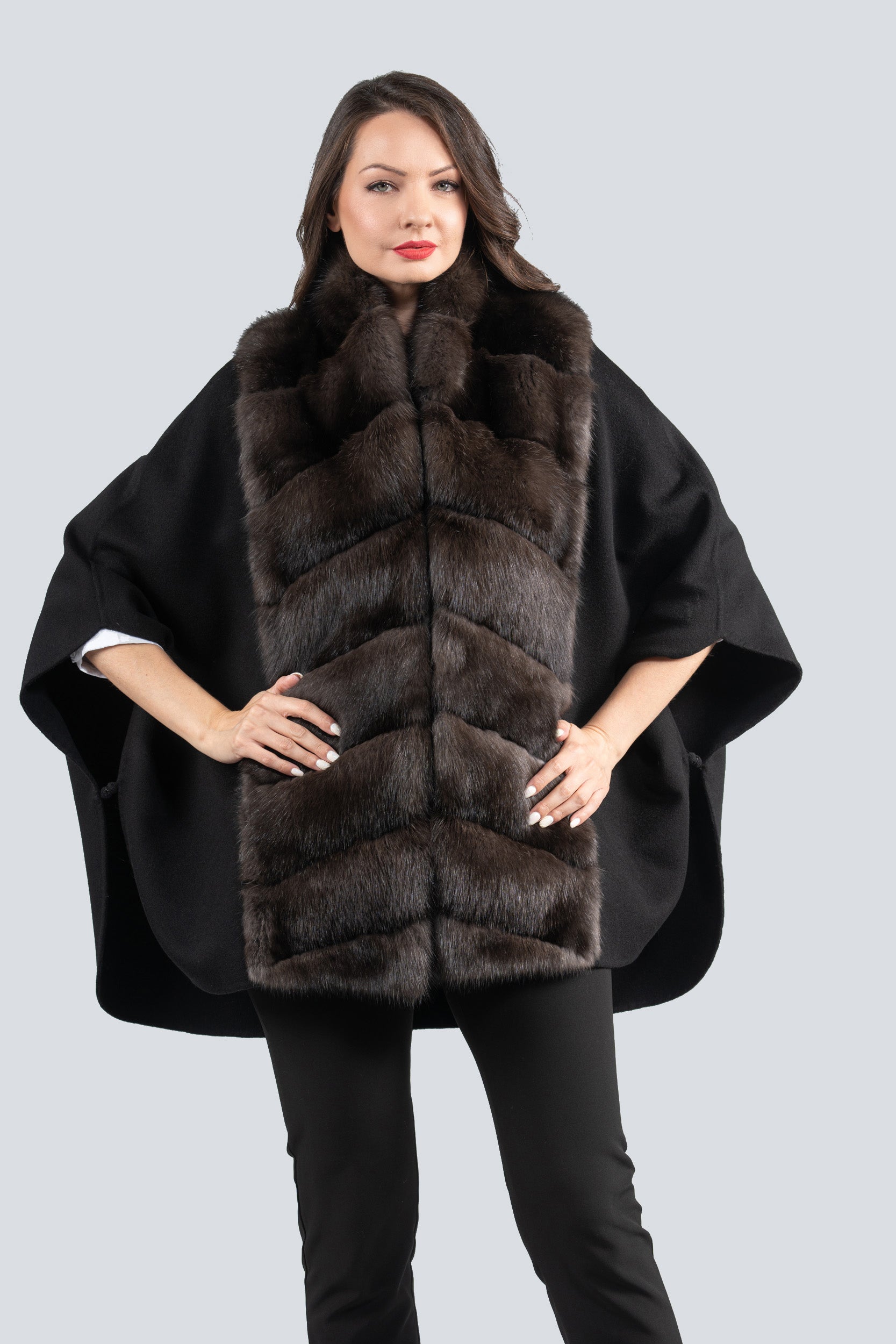 Black Cashmere Cape with Russian Sable Trim 18M950