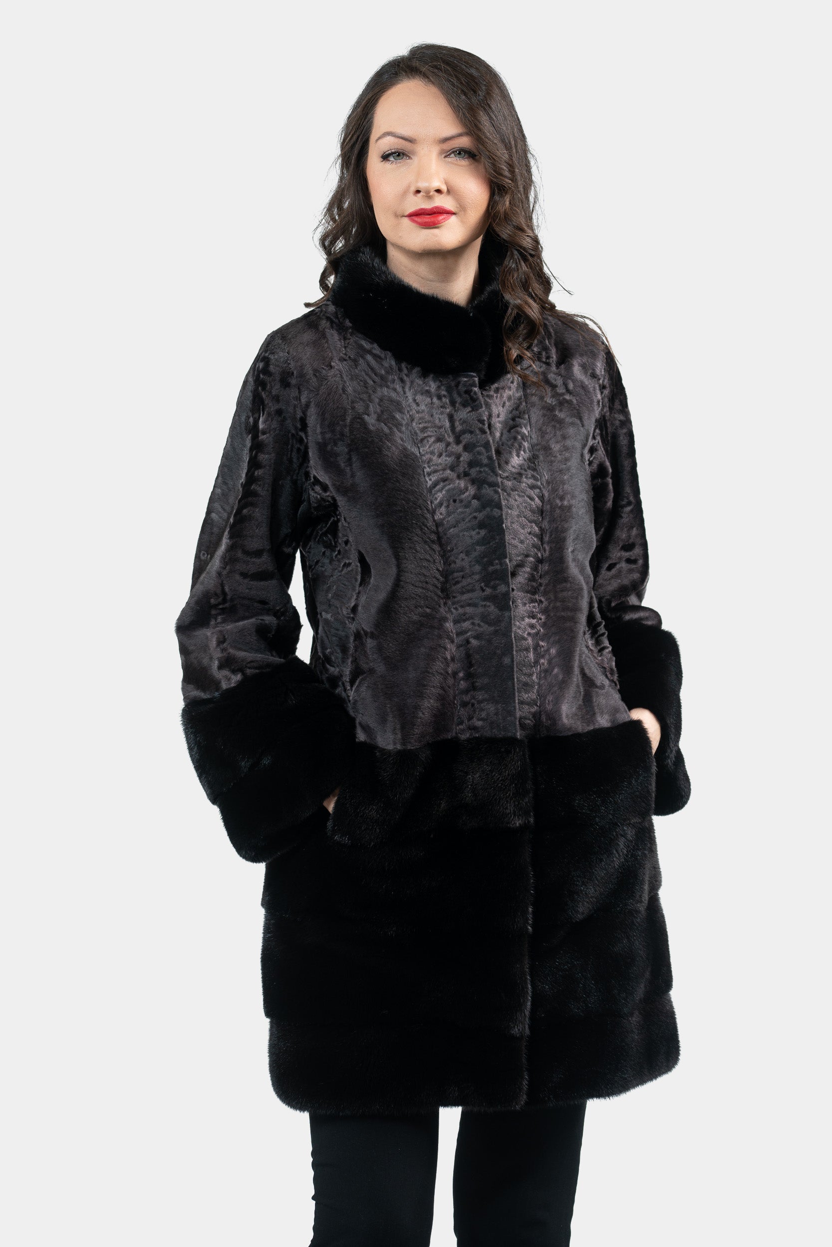 Gray Moon Swakara Half Coat with Mink Trim S/SR/K16C733