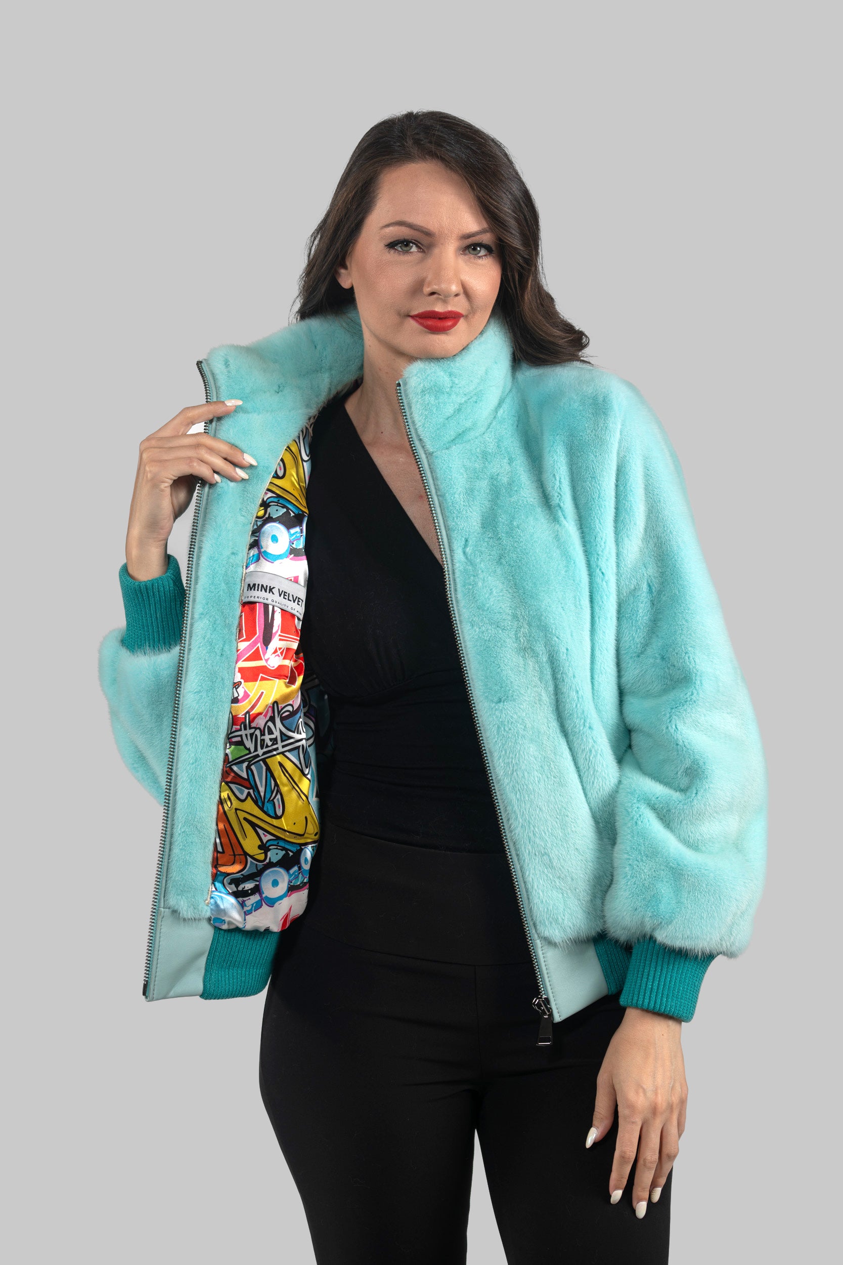 Mint Mink Bomber Jacket With stand Collar L/O13C224