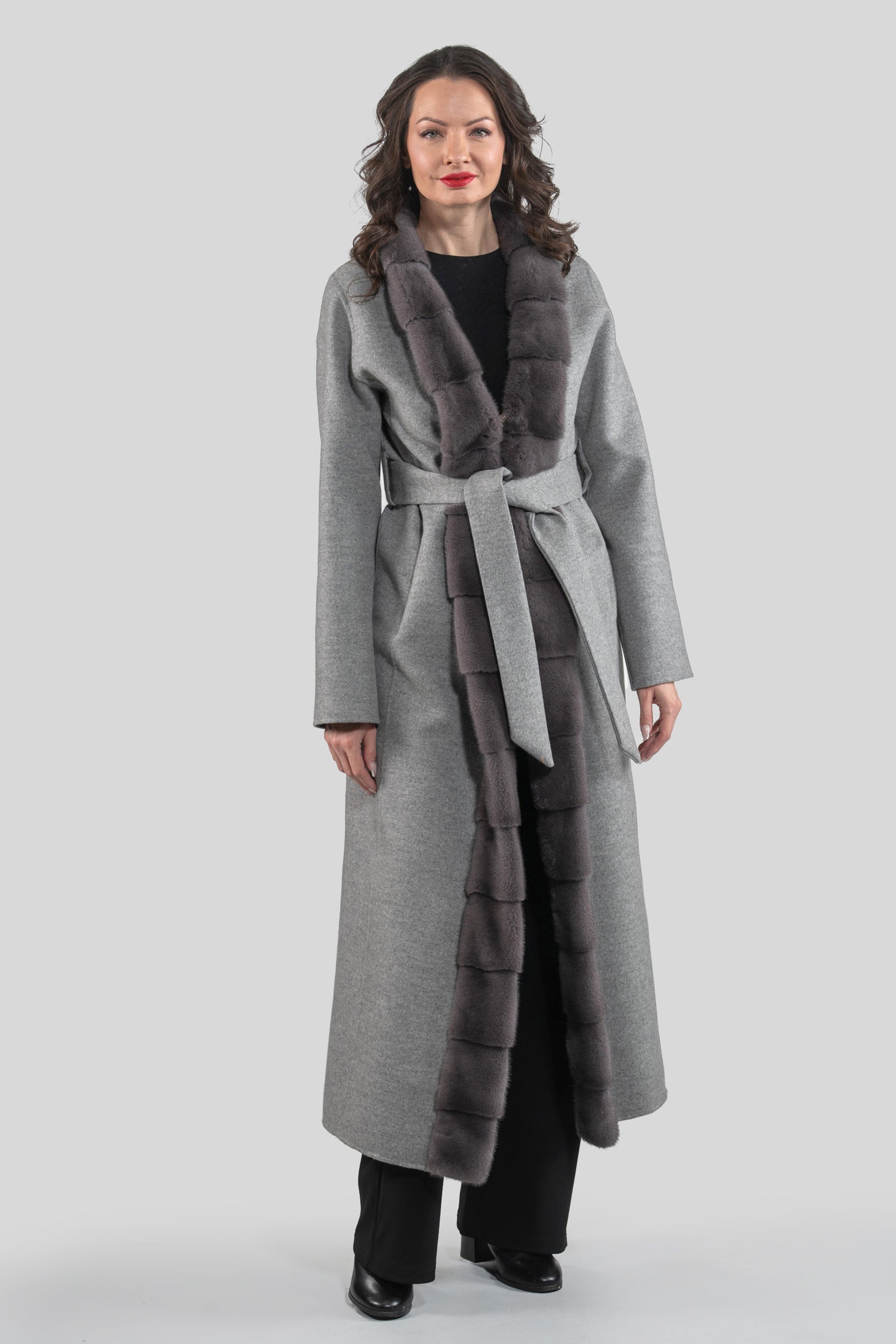 Grey Brown Cashmere Coat with Mink Trim 21C6080