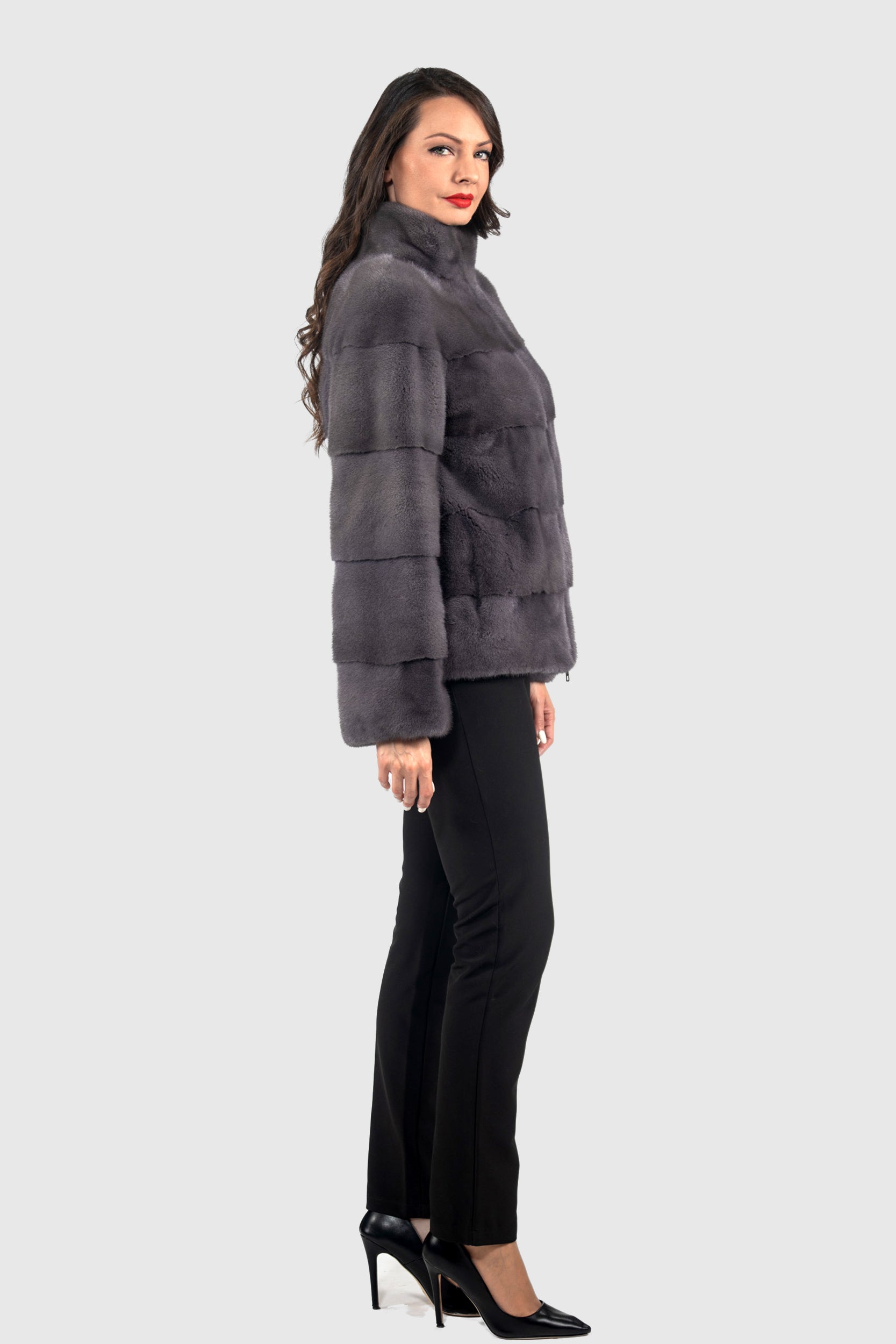 Grey Moon Mink Jacket with Stand Collar and Zipper P/K13C224