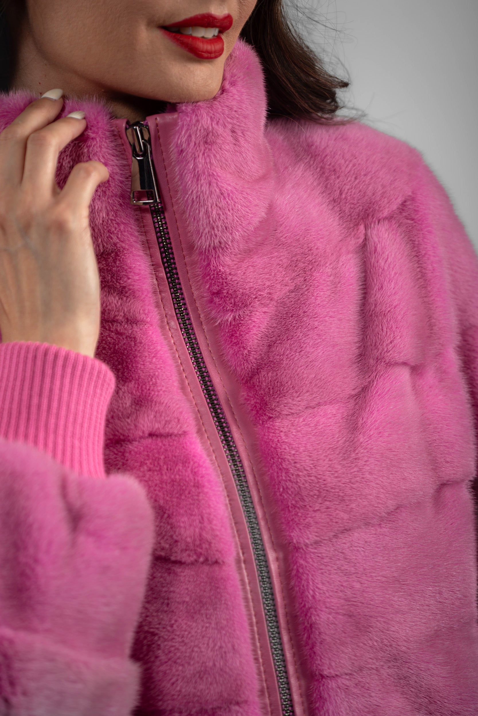 Fuchsia Mink Bomber Jacket with Stand Collar P/K13C224