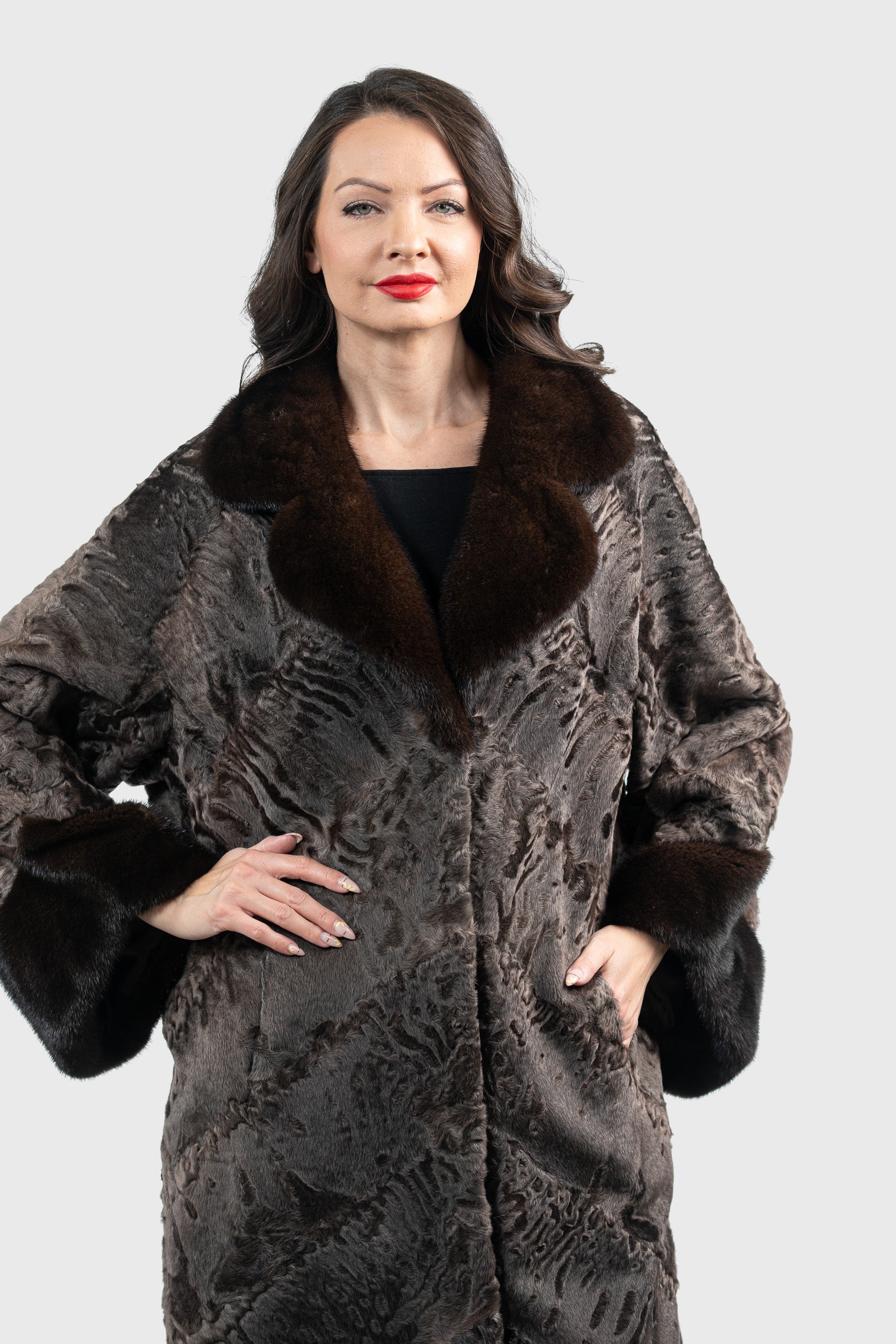 Chocolate Swakara Coat with Mink Trim A/K13C848gs20v30