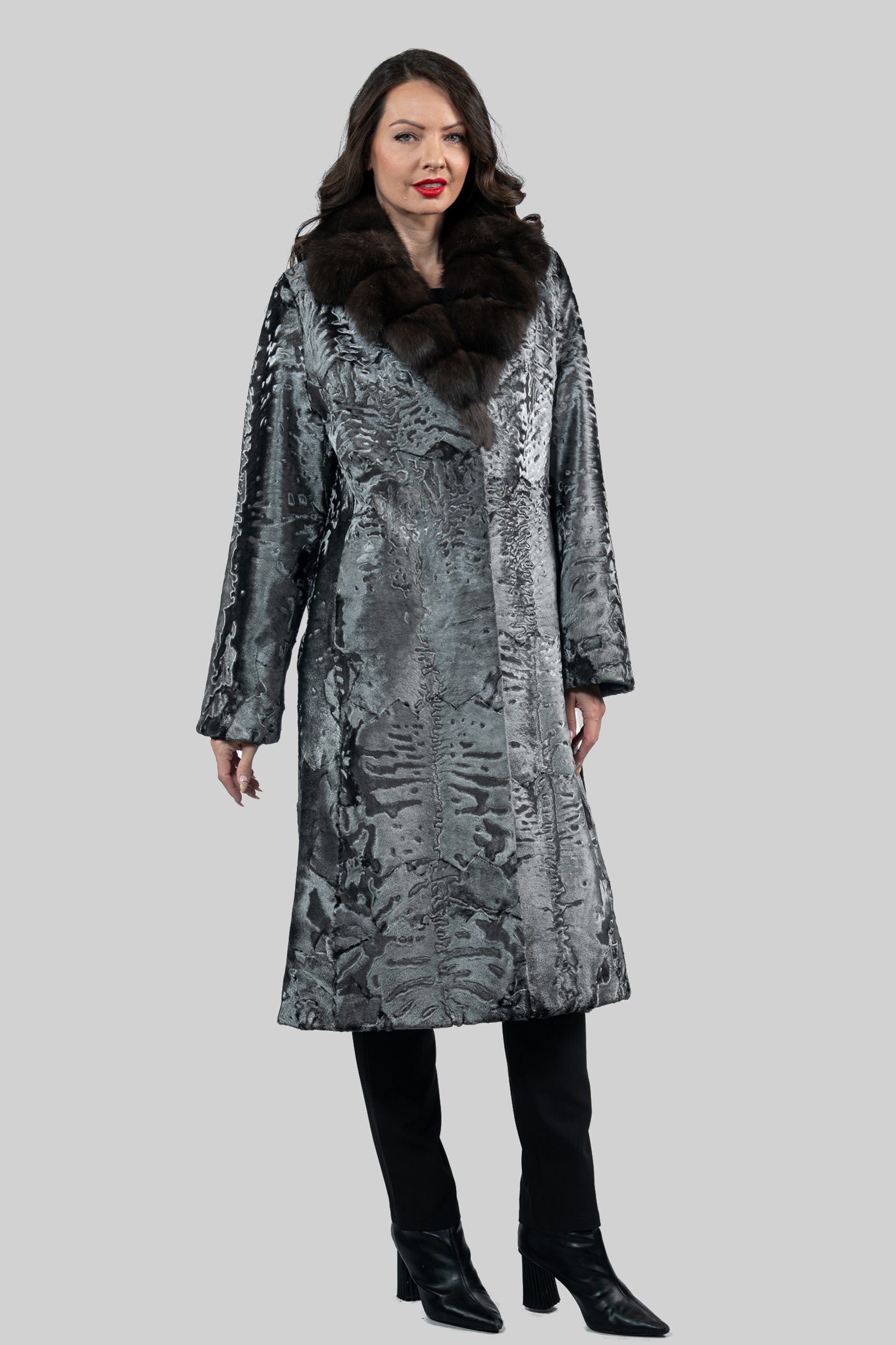 Shadow Grey Swakara Coat with Russian Sable Notch Collar S/S13C976