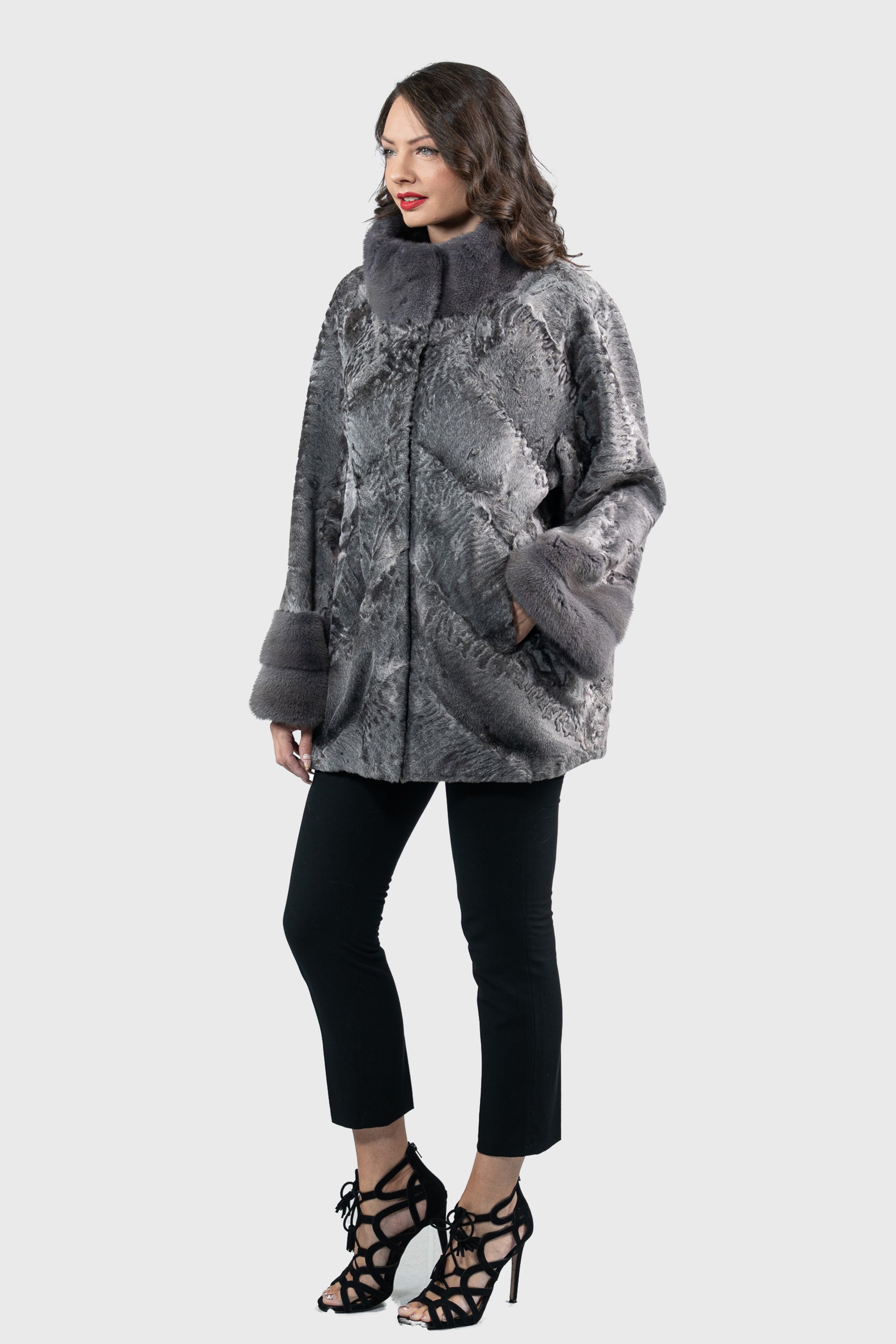 Grey Moon Swakara Half Coat with Mink Trim A/K13C848