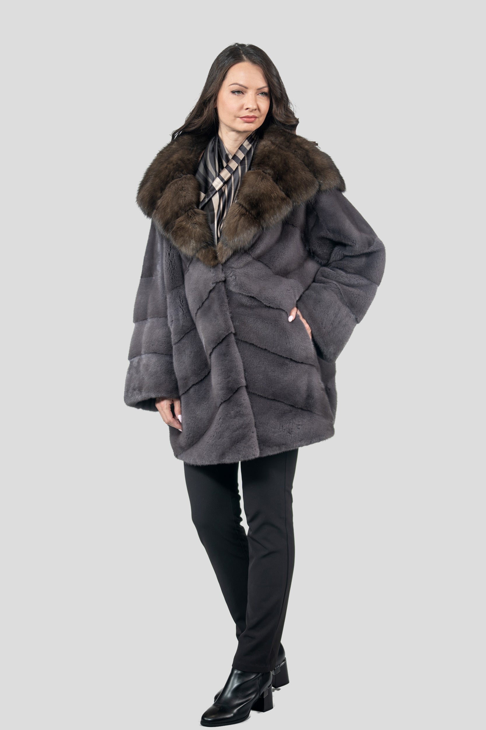 Grey Moon Mink Half Coat with Russian Sable Hood A/K850