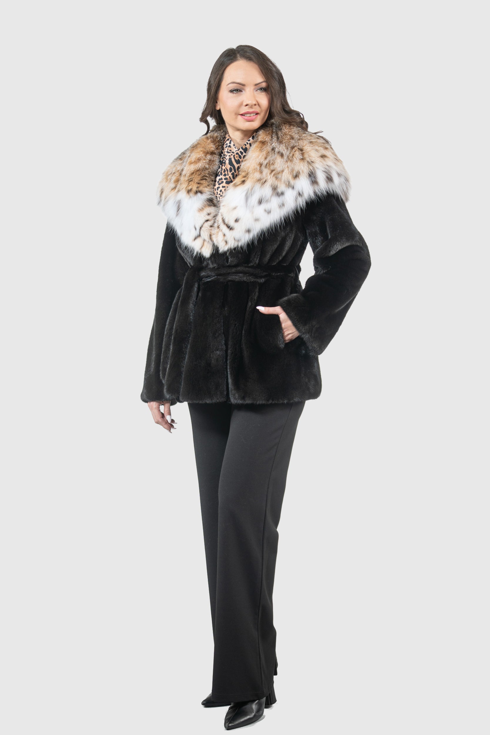 Blackglama Mink Half Coat with Bobcat Hood L/O13C978