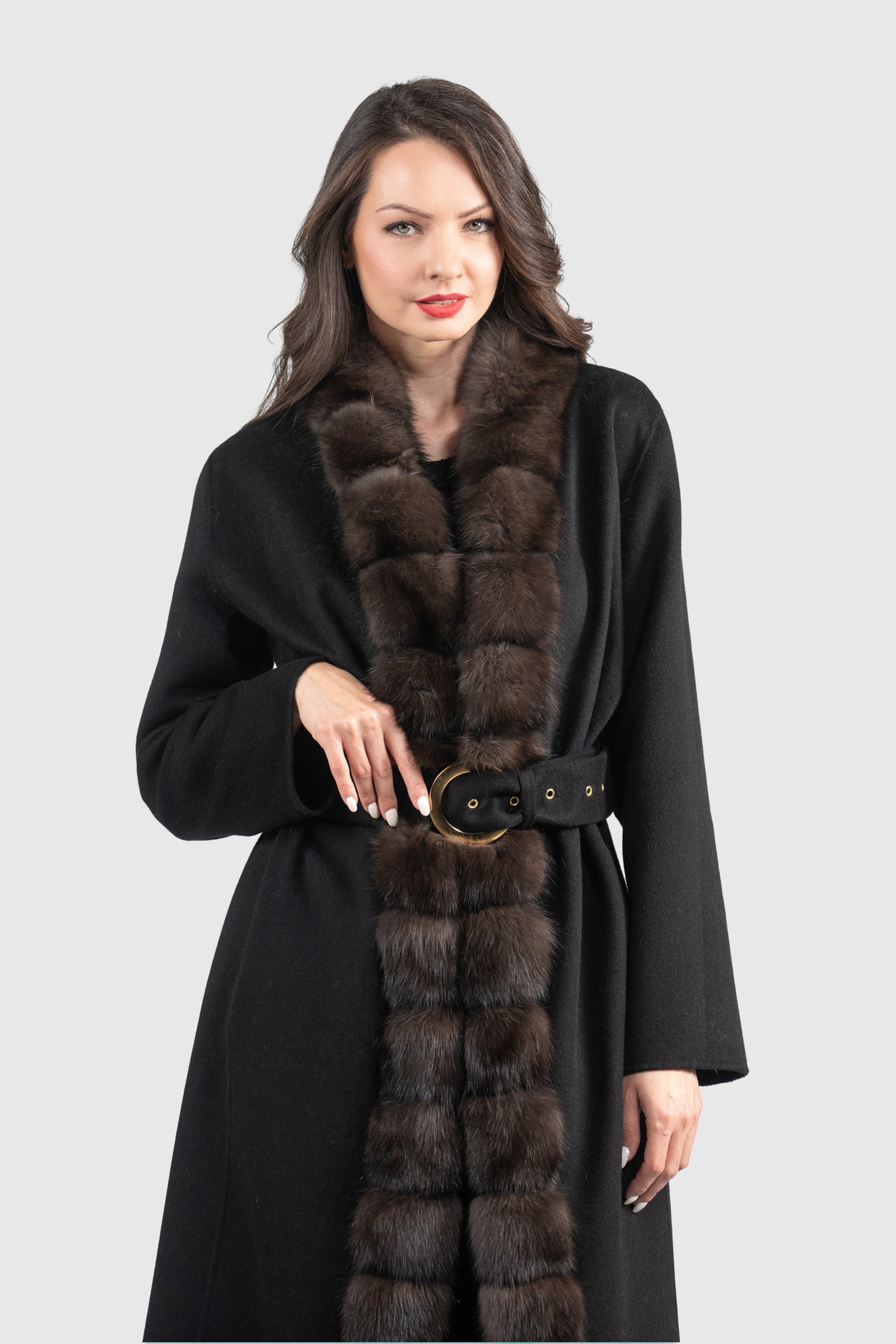 Black Cashmere Coat with Russian Sable Trim 21C6080