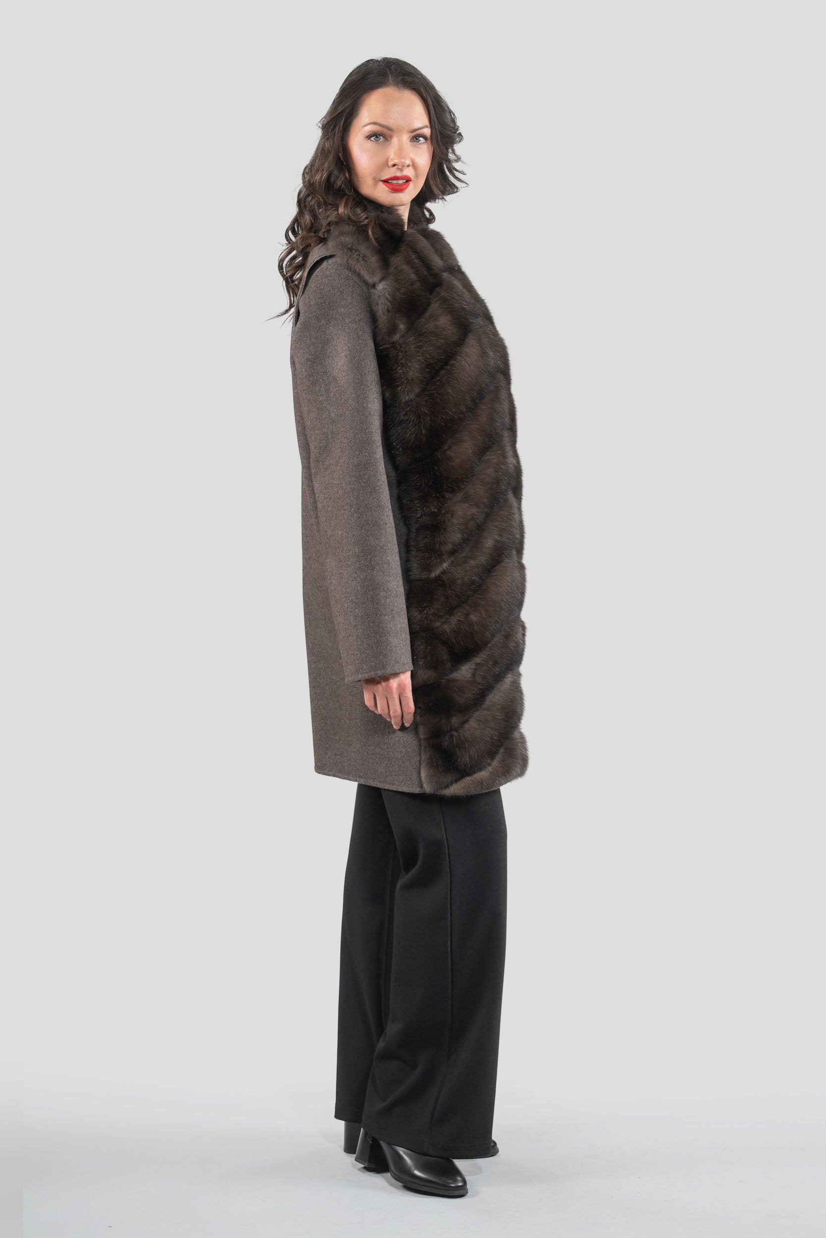 Brown Grey Cashmere Half Coat & Vest with Russian Sable Trim 17C8003s