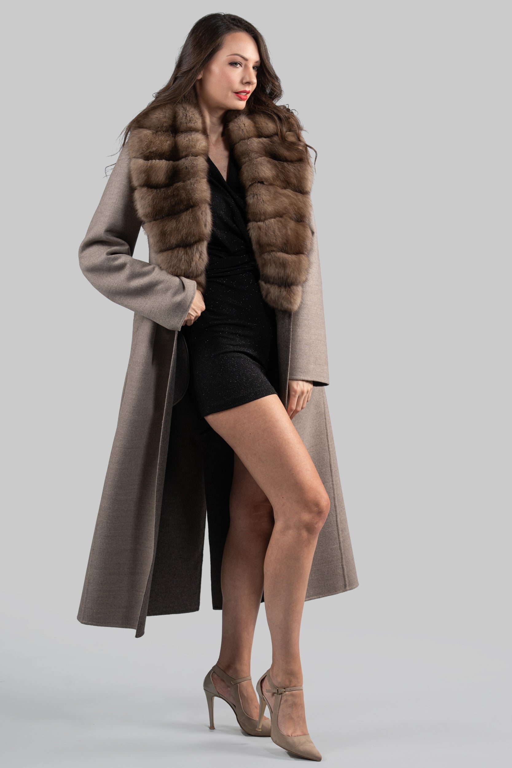 Brown Gray Cashmere Coat with Russian Sable Shawl Collar 20C8070