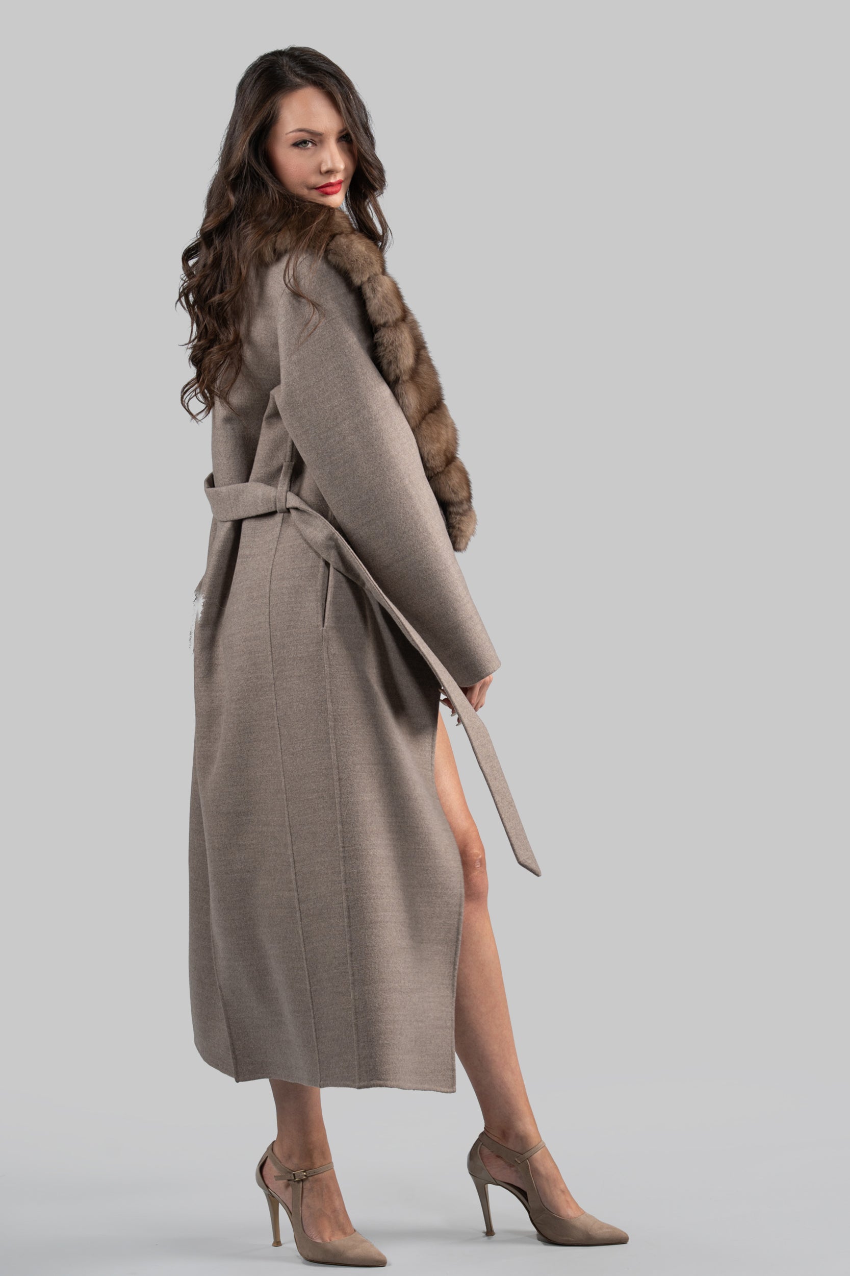 Brown Gray Cashmere Coat with Russian Sable Shawl Collar 20C8070