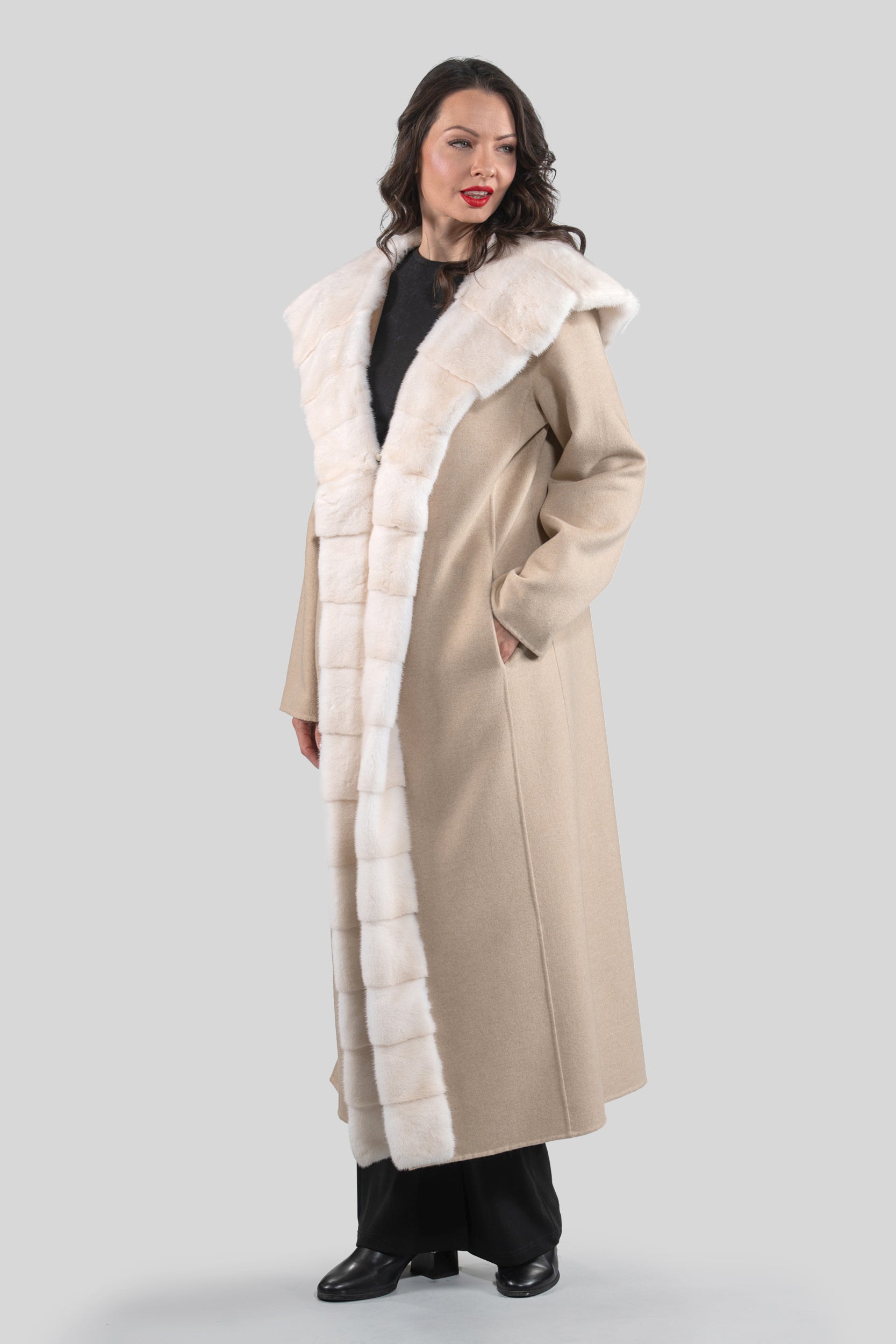 Ecru Beige Cashmere Hooded Coat with Mink Trim 21C6080H540