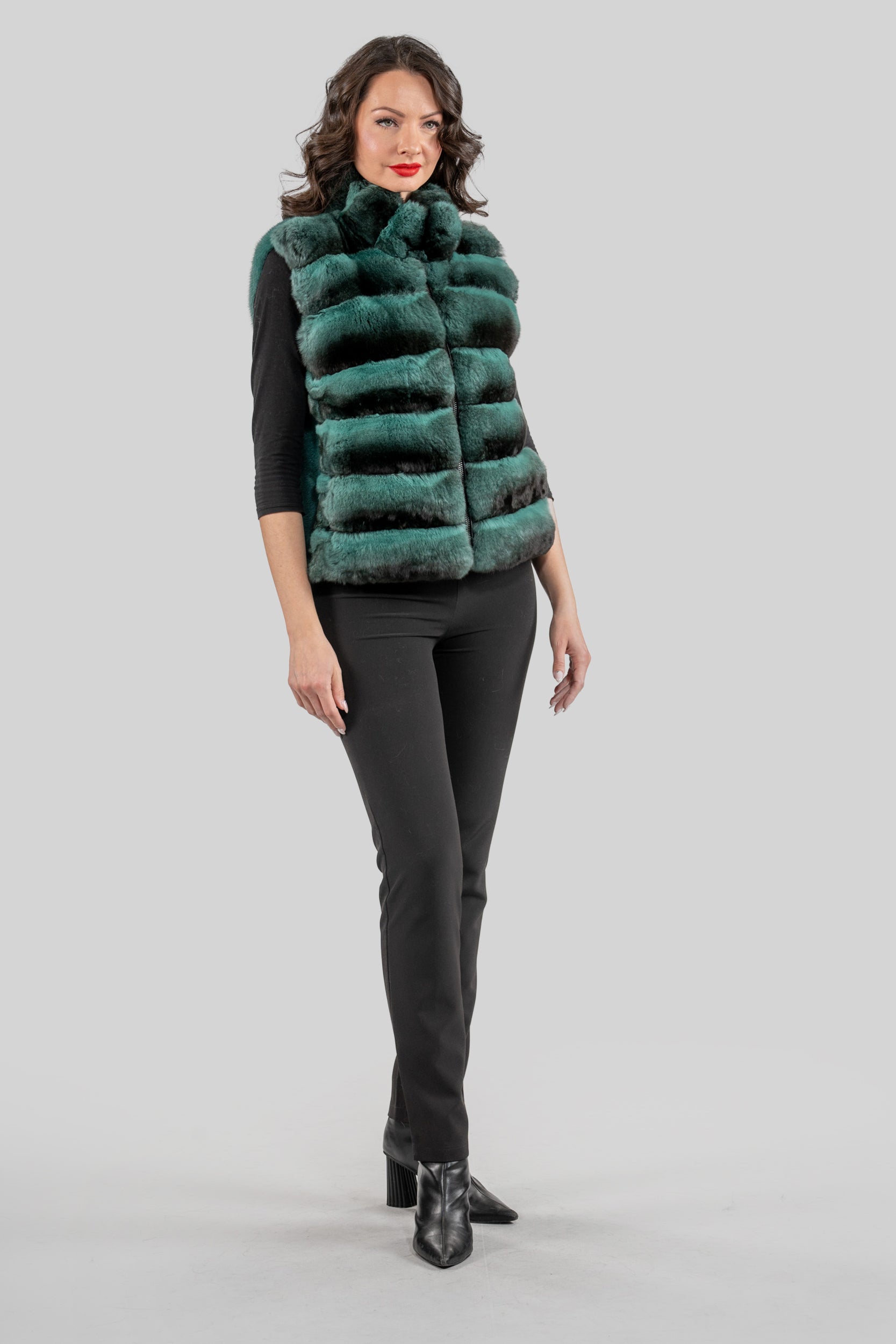 Emerald Green Chinchilla Fur Vest with Stand Collar and Mink Trim P/K2201