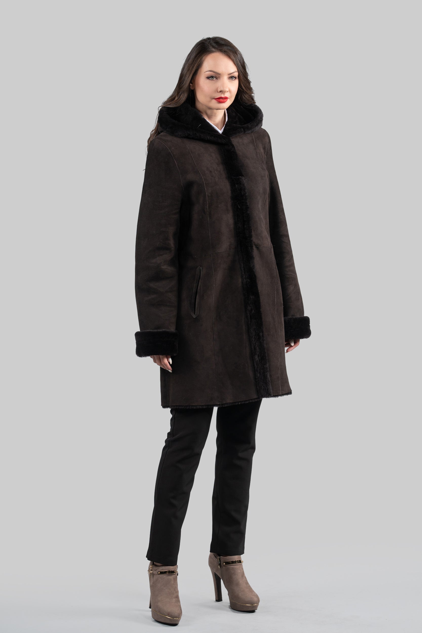 Hooded Brown Half Coat In Spanish Merino 207H