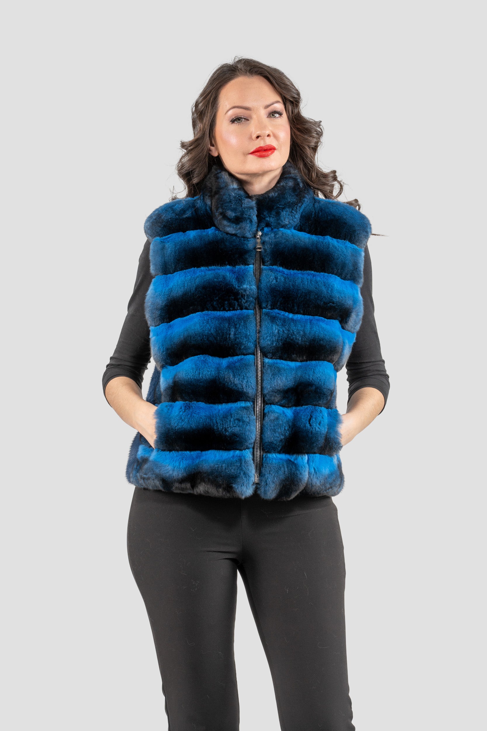 Bluejean Chinchilla Fur Vest with Stand Collar and Mink Trim P/K2201