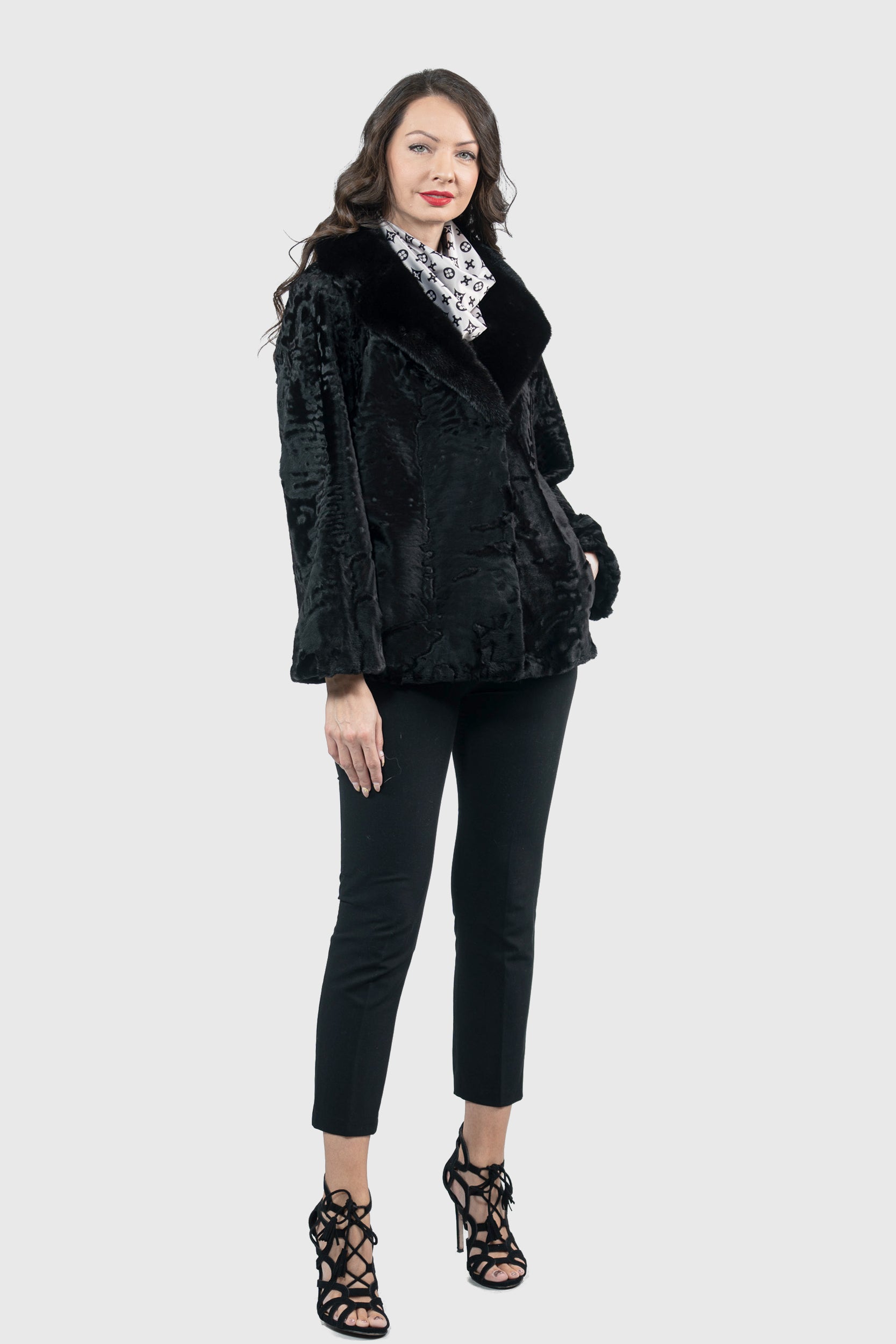 Black Swakara Jacket with Mink Notch Collar S/S13C528s20