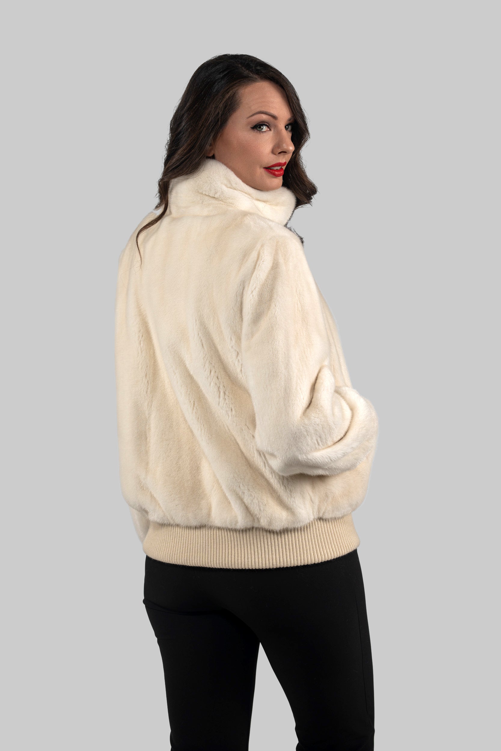 Beige Mink Bomber Jacket with Stand Collar L/O13C224
