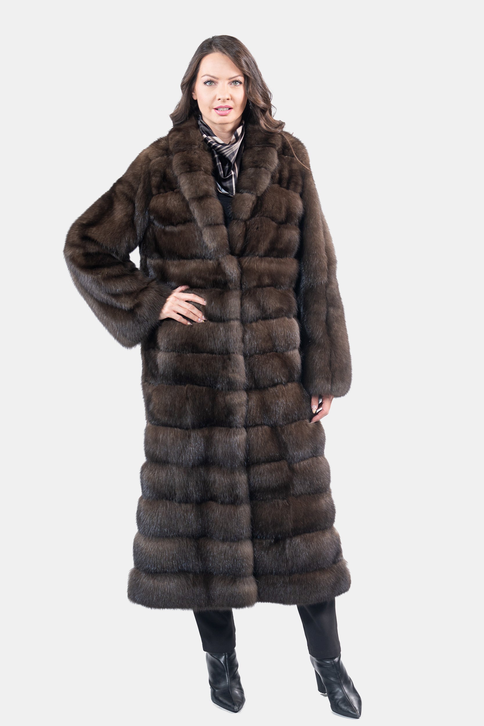 Dark Russian Sable Coat with Shawl Collar and Let Out Back P/K13C530G8003