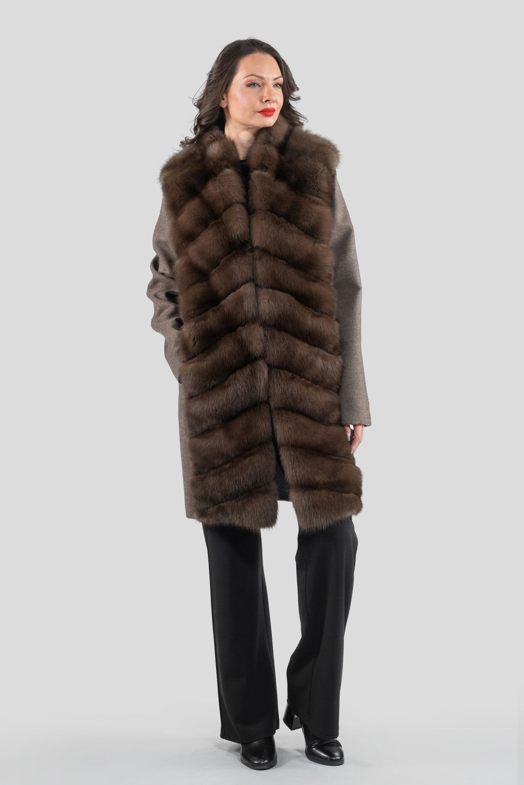 Brown Grey Cashmere Half Coat with Baumarten Trim 17c8003