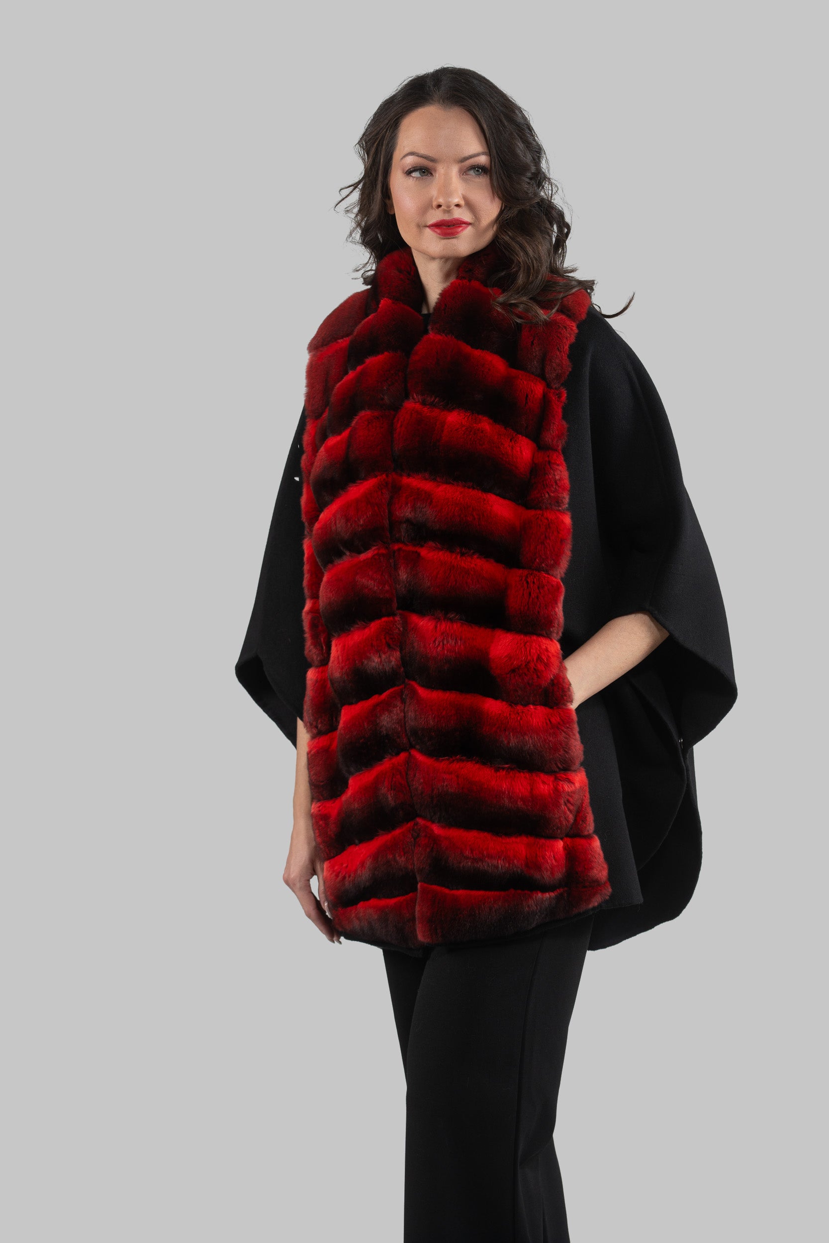 Black Cashmere Cape with Red Chinchilla Trim 18M950