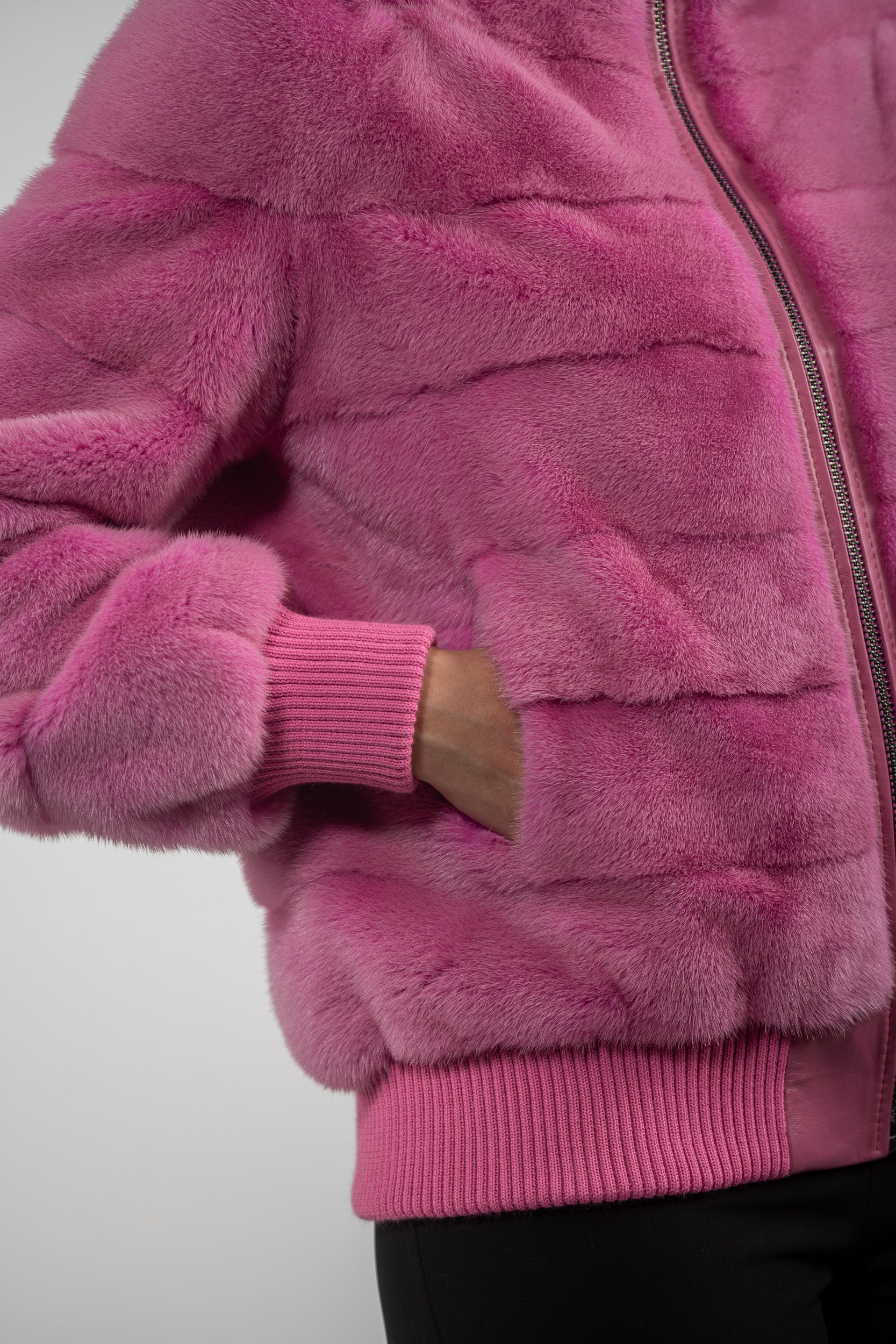 Fuchsia Mink Bomber Jacket with Stand Collar P/K13C224