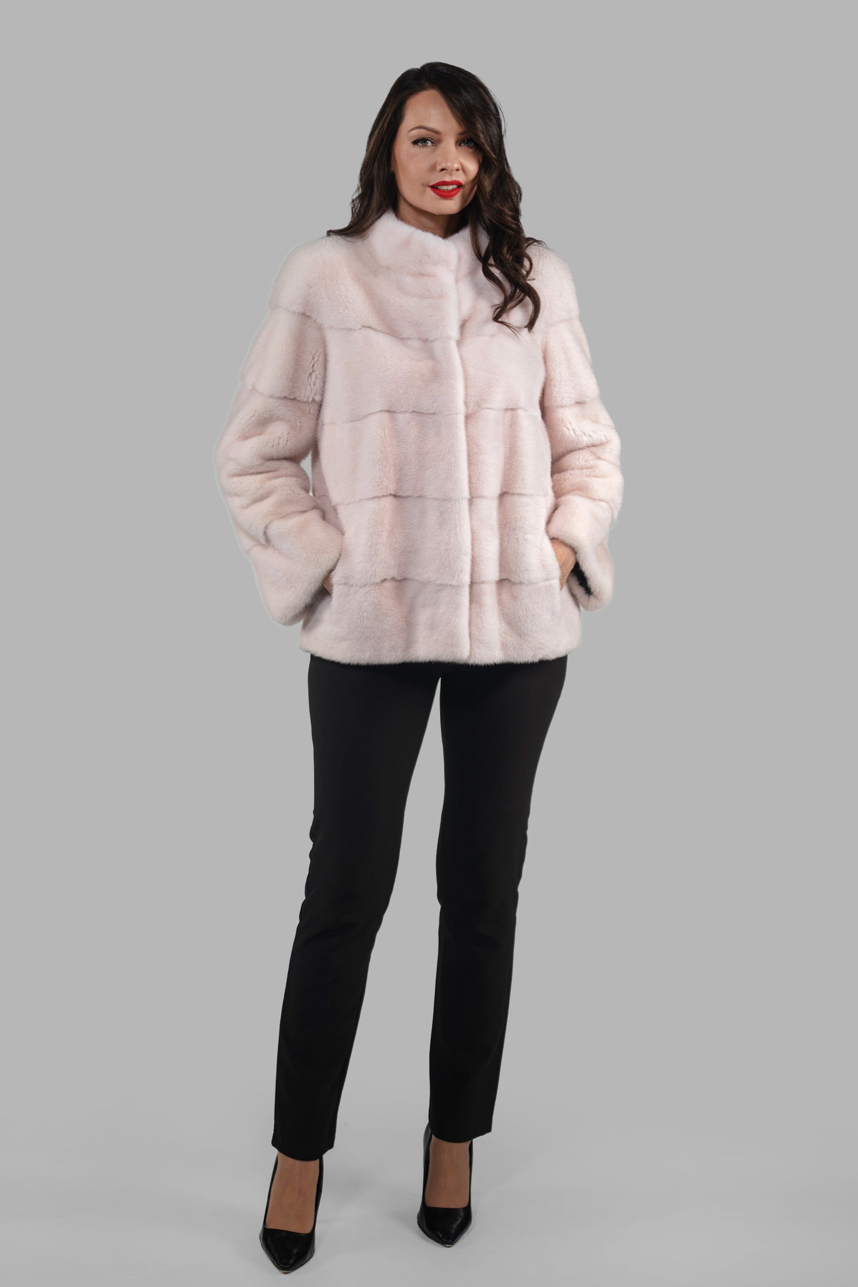 Powder Pink Mink Jacket with Stand Collar P/K13C528