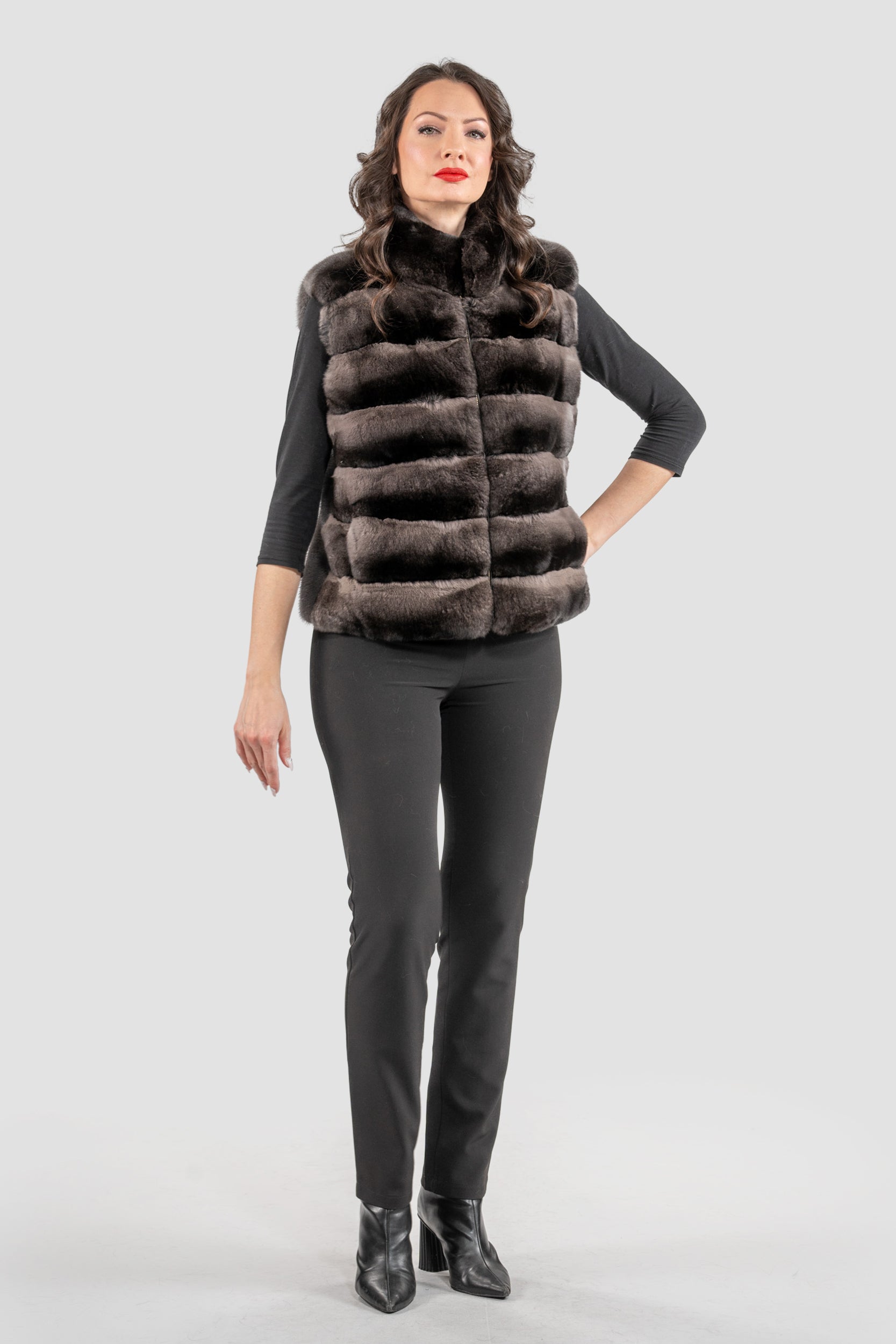 Smokey Chinchilla Fur Vest with Stand Collar and Mink Trim P/K2201