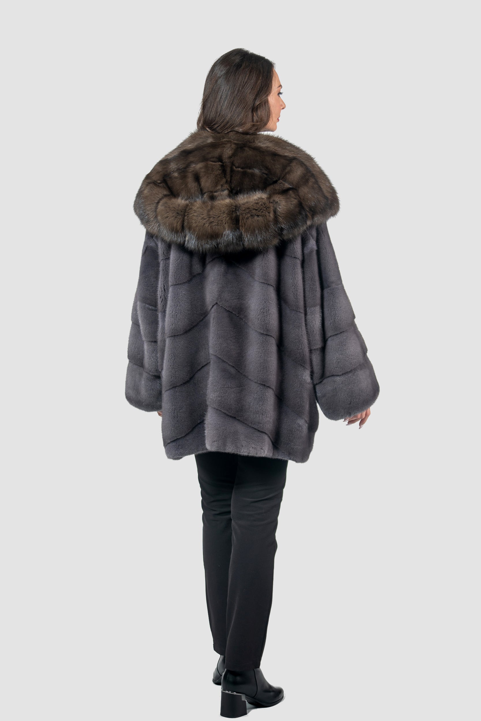 Grey Moon Mink Half Coat with Russian Sable Hood A/K850