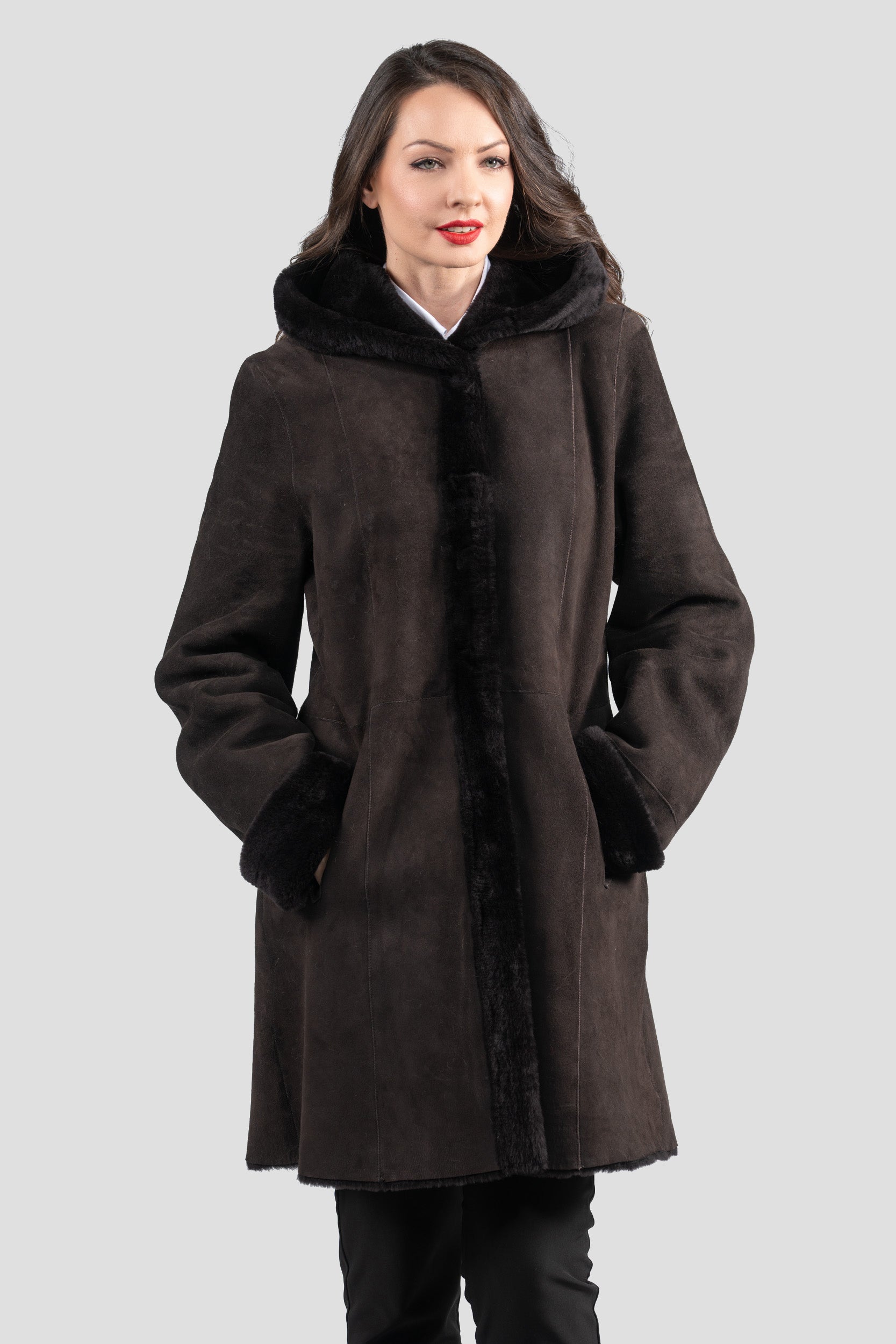 Hooded Brown Half Coat In Spanish Merino 207H