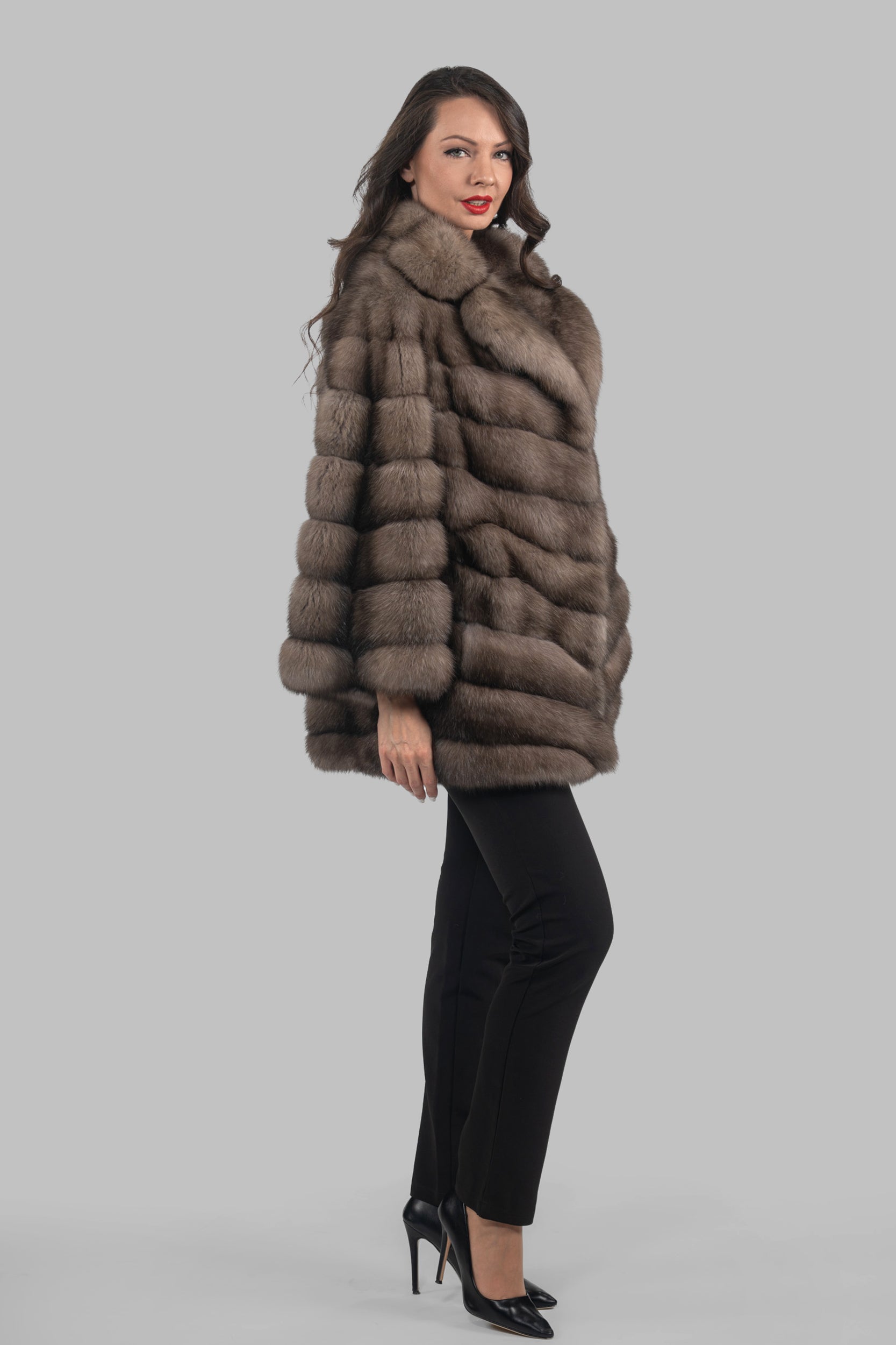 Graphite Russian Sable Half Coat with Notch Collar V/K14M475S20