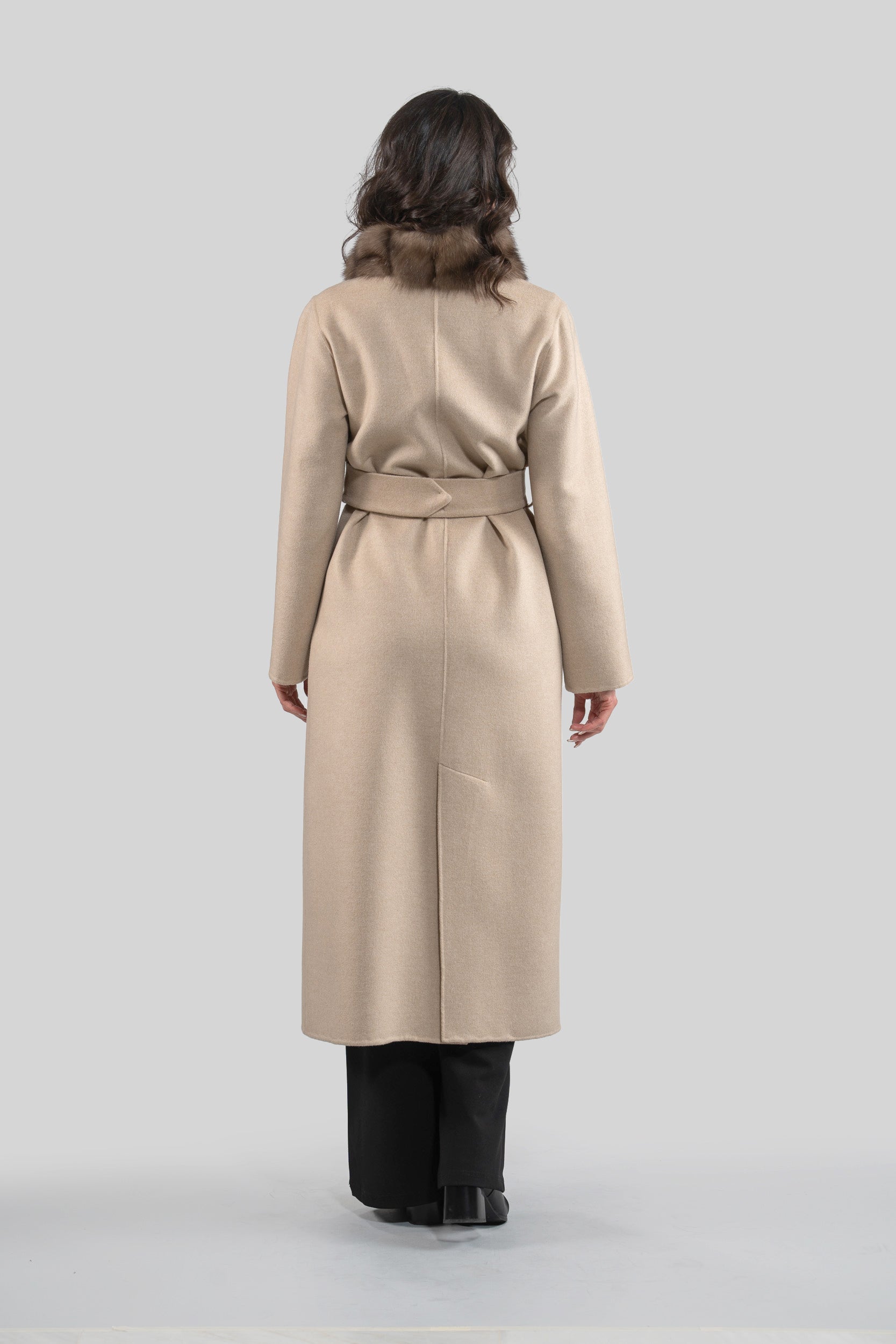 Ecru Beige Cashmere Coat with Russian Sable Trim 21C6080
