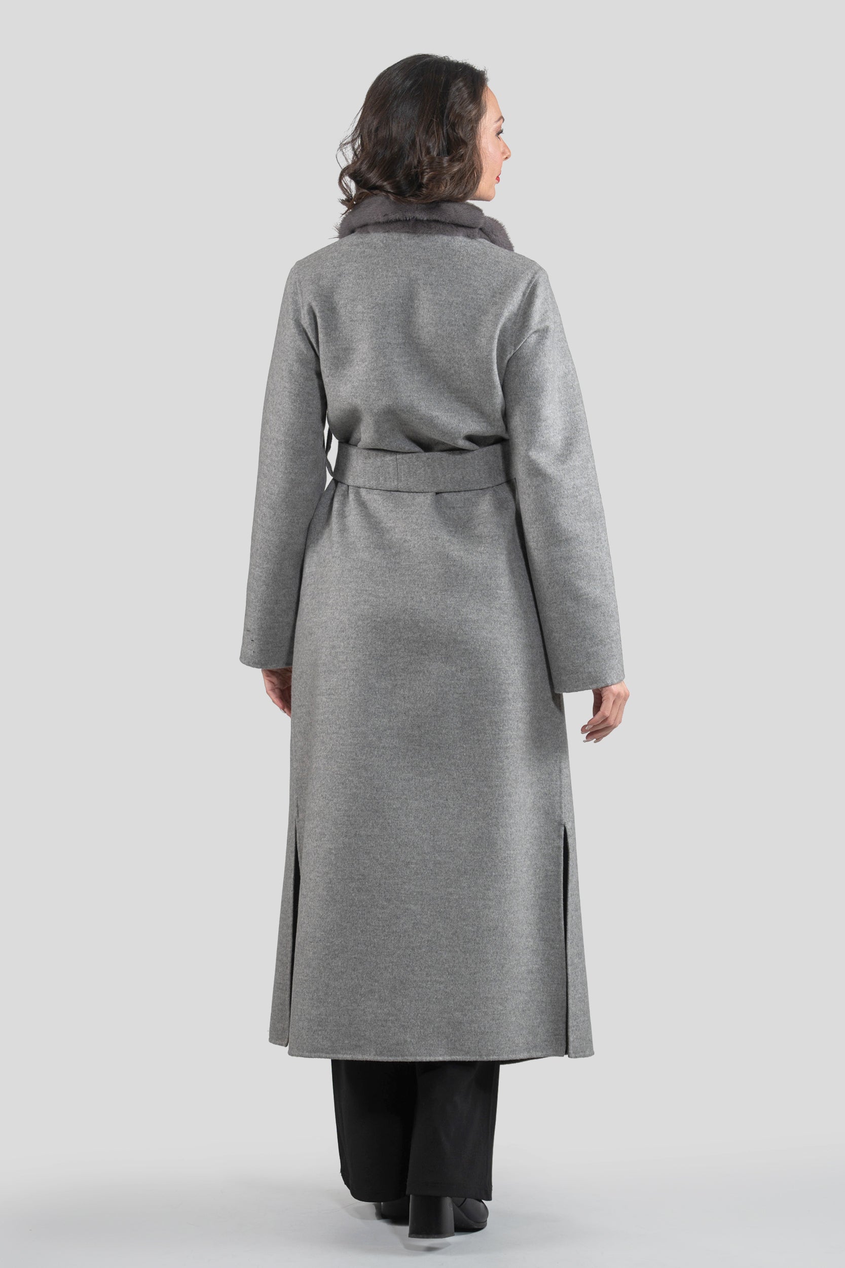 Grey Brown Cashmere Coat with Mink Trim 21C6080