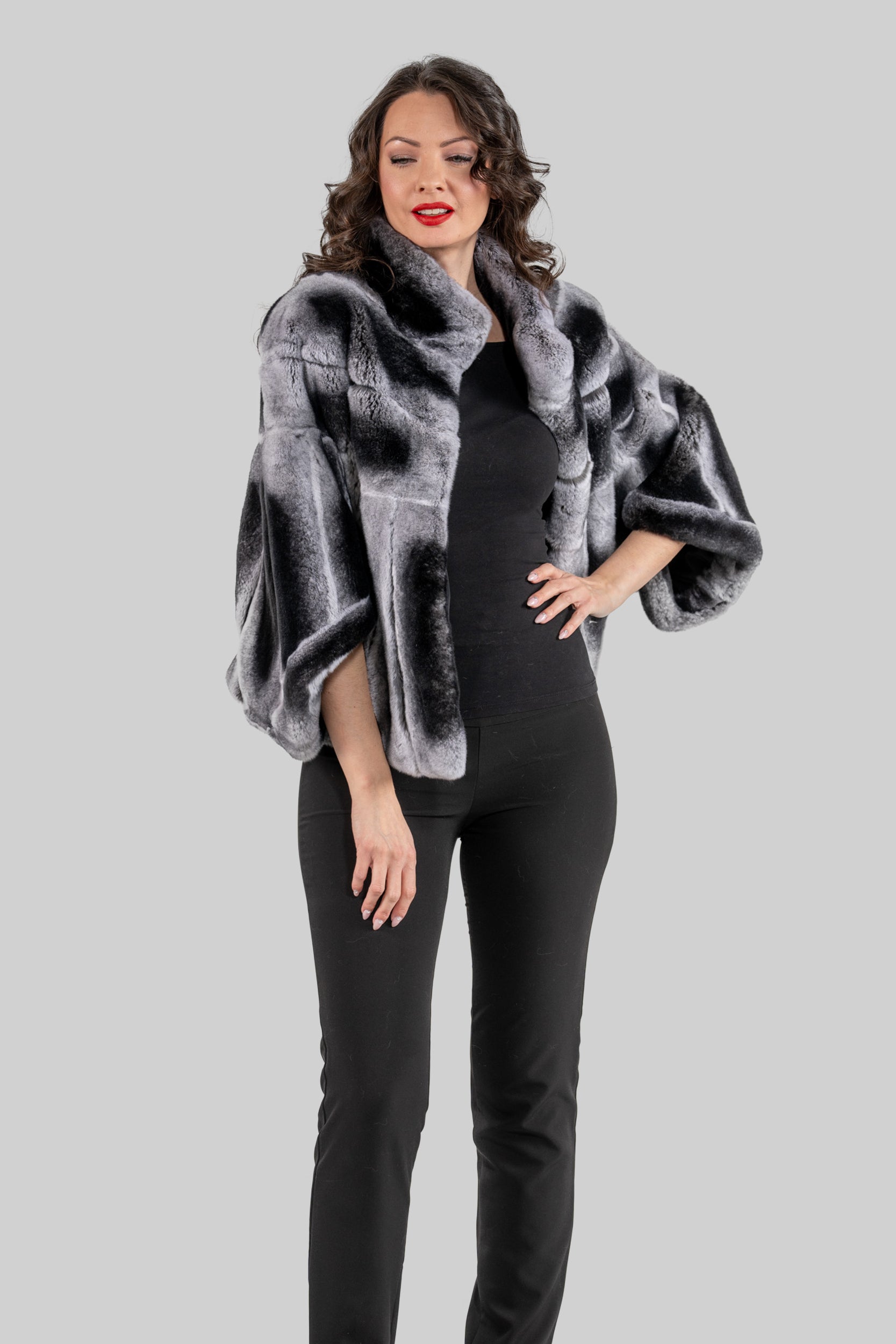 Natural Rex Rabbit Fur Cape with Stand Collar 1009