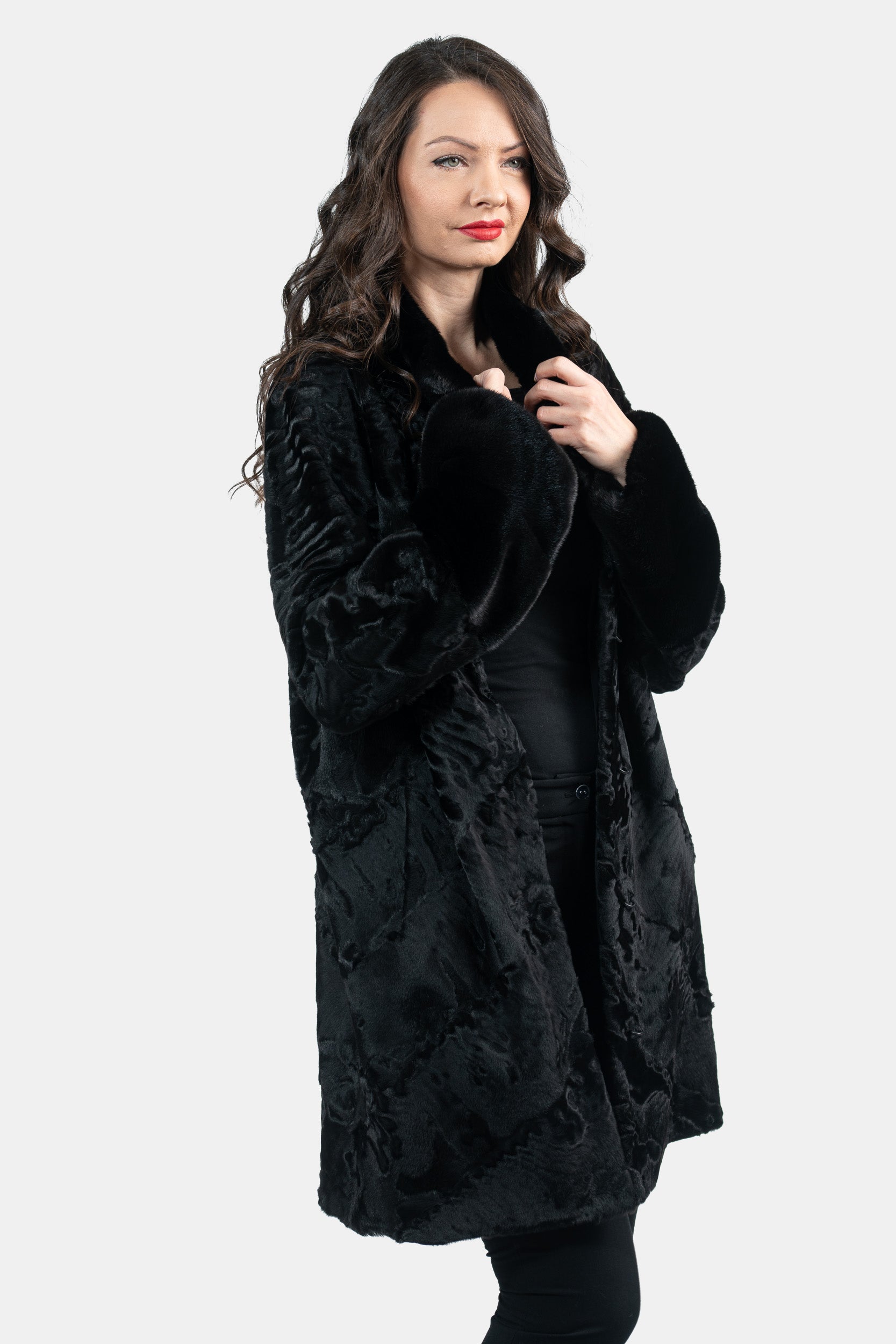 Black Swakara Half Coat With Mink Trim A/K13C530