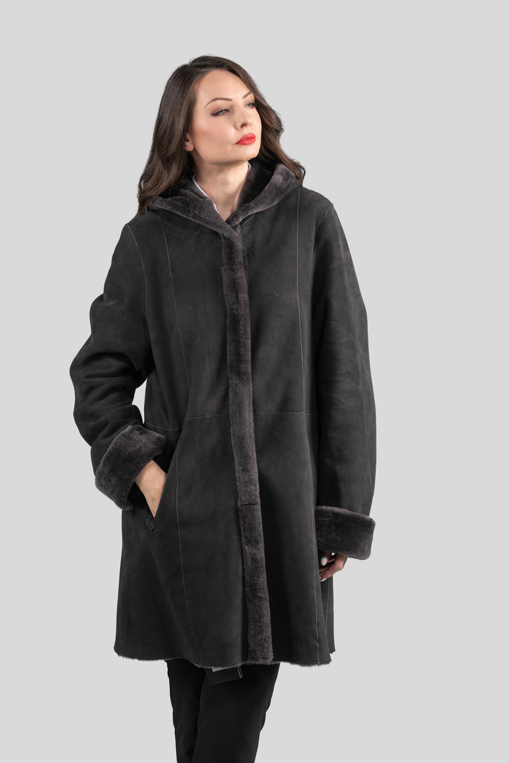 Hooded Gray Half Coat in Spanish Merino 207H