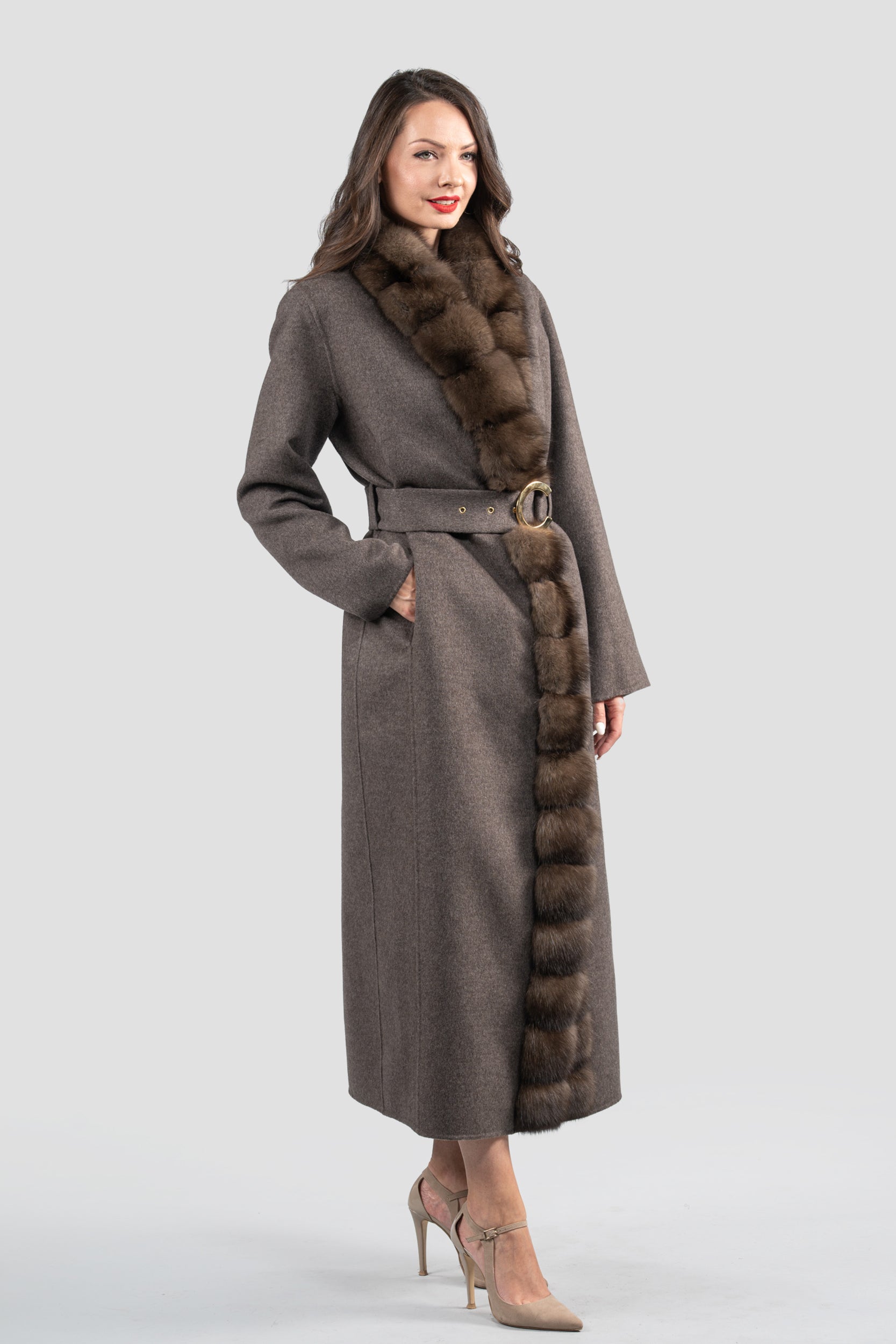 Brown Grey Cashmere Coat with Russian Sable Trim 21C6080