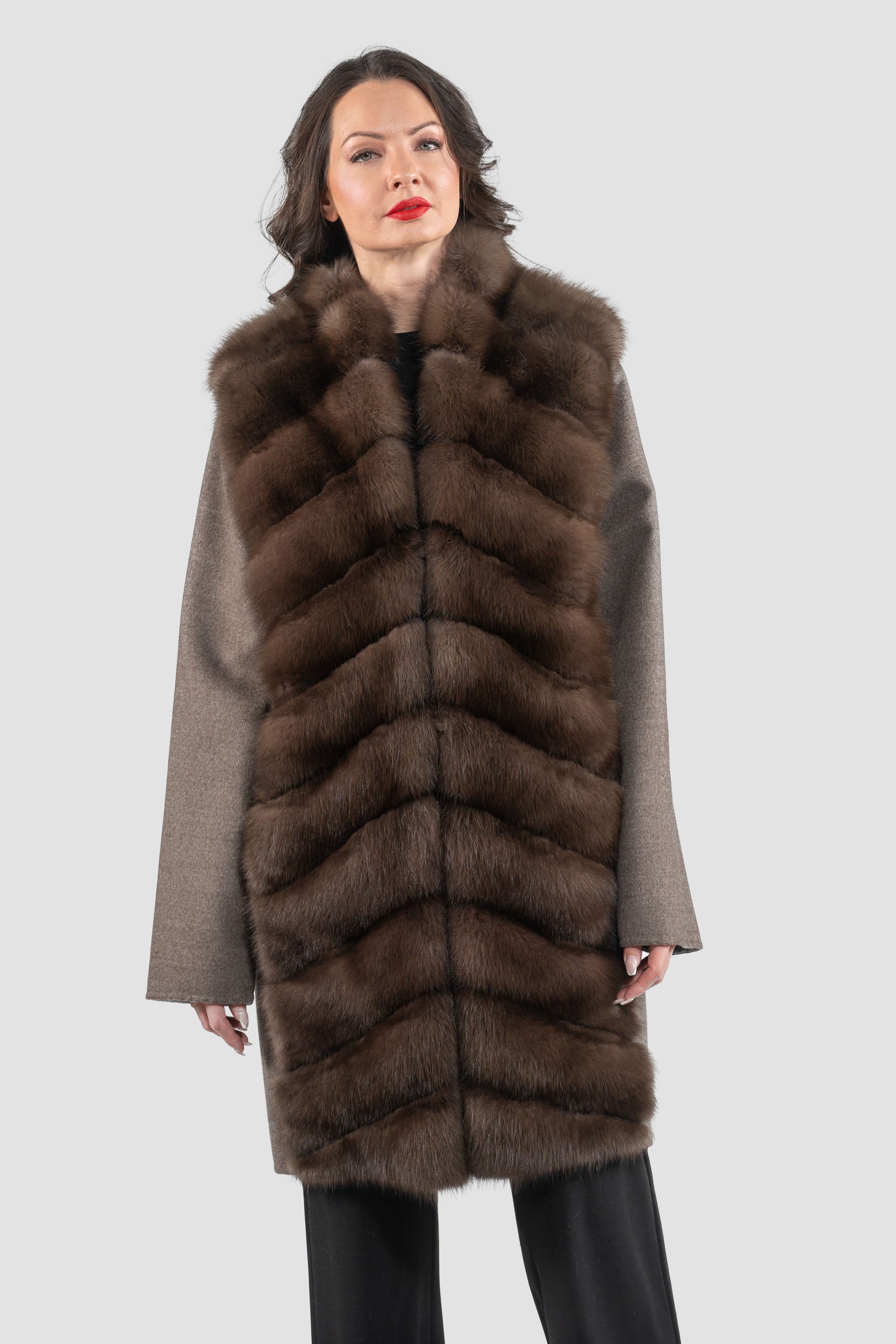 Brown Grey Cashmere Half Coat with Baumarten Trim 17c8003