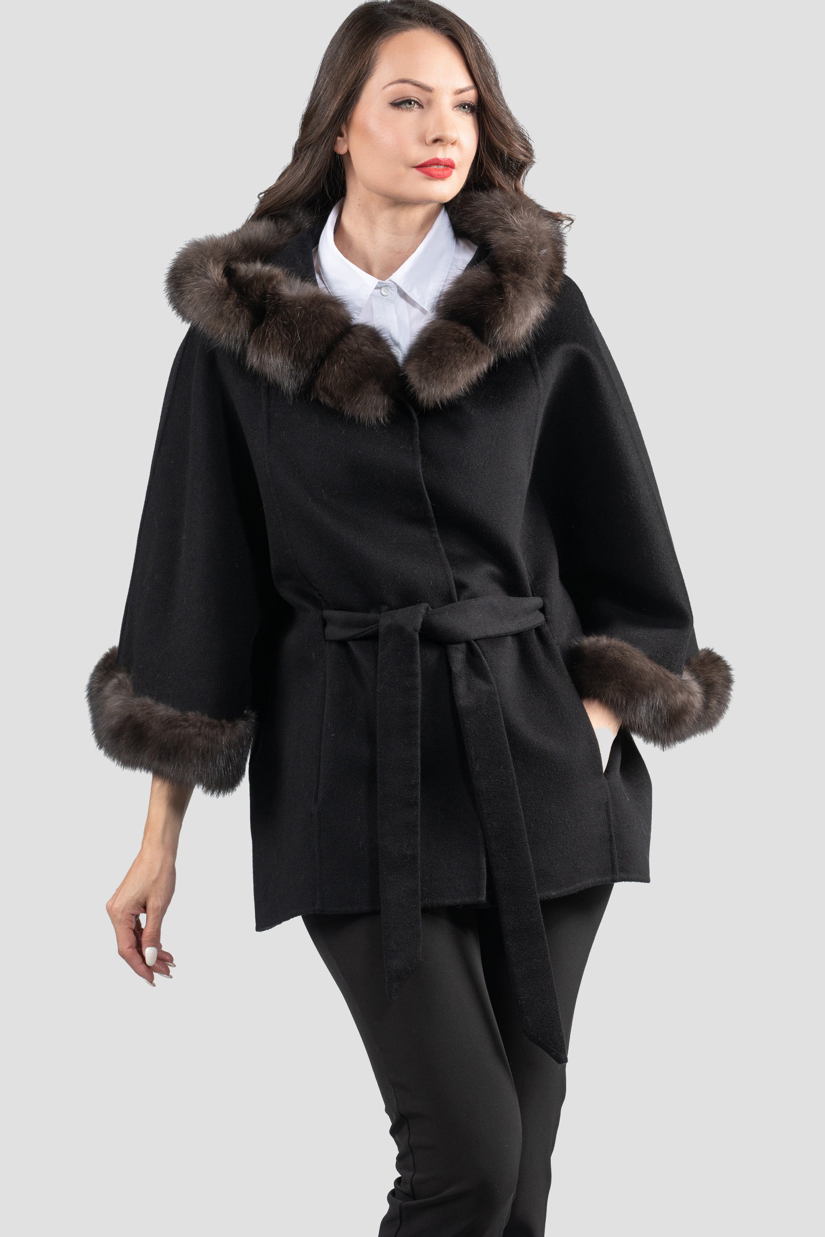Black Cashmere Hooded Cape with Russian Sable Trim 2005H