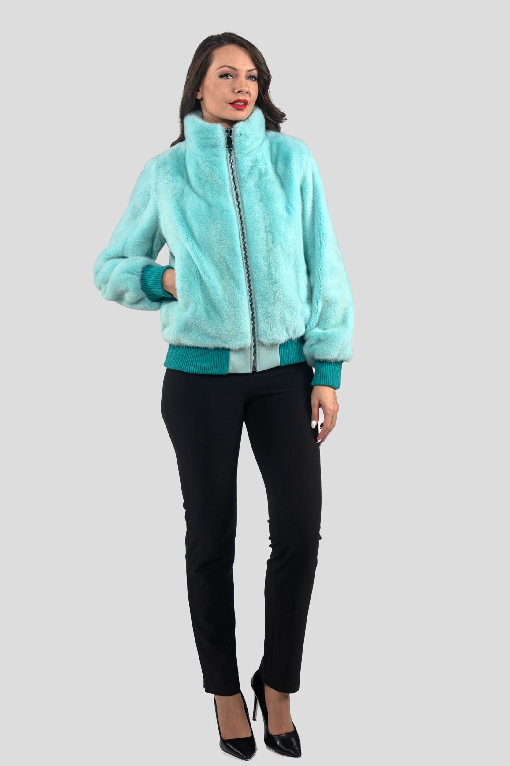 Mint Mink Bomber Jacket With stand Collar L/O13C224