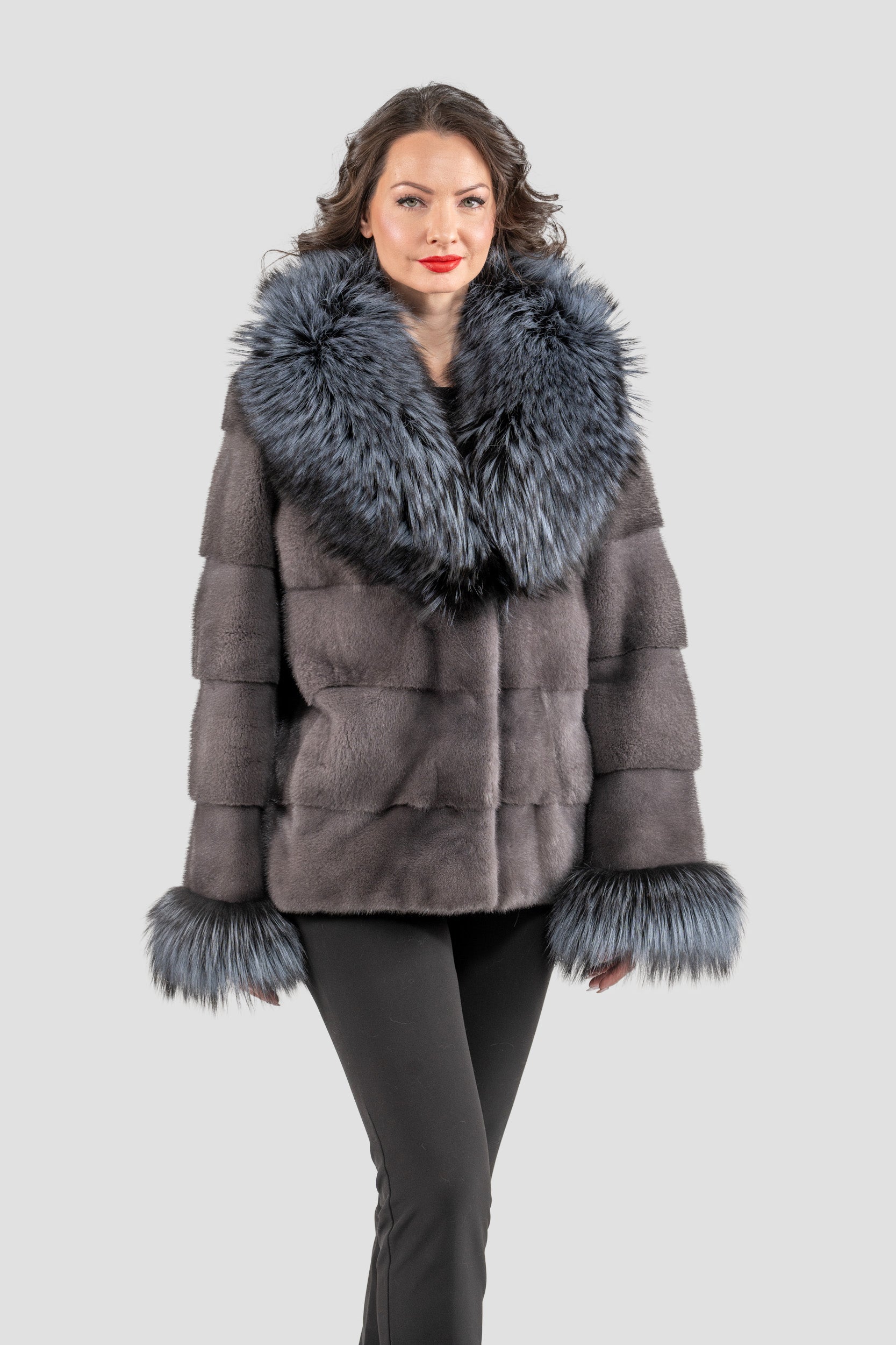 Grey Moon Mink Fur Jacket with Fox Shawl Collar and Cuffs P/K13C528C17