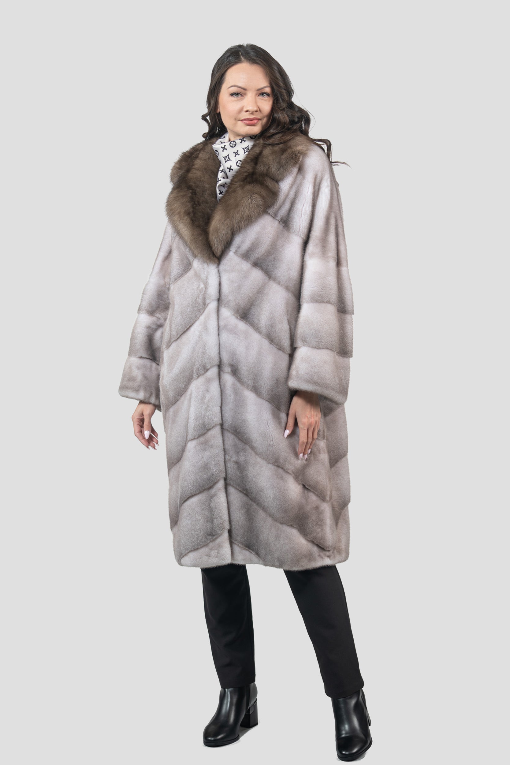 Silver Blue Mink Coat with Russian Sable Trimmed Notch Collar A/K13C848GS20