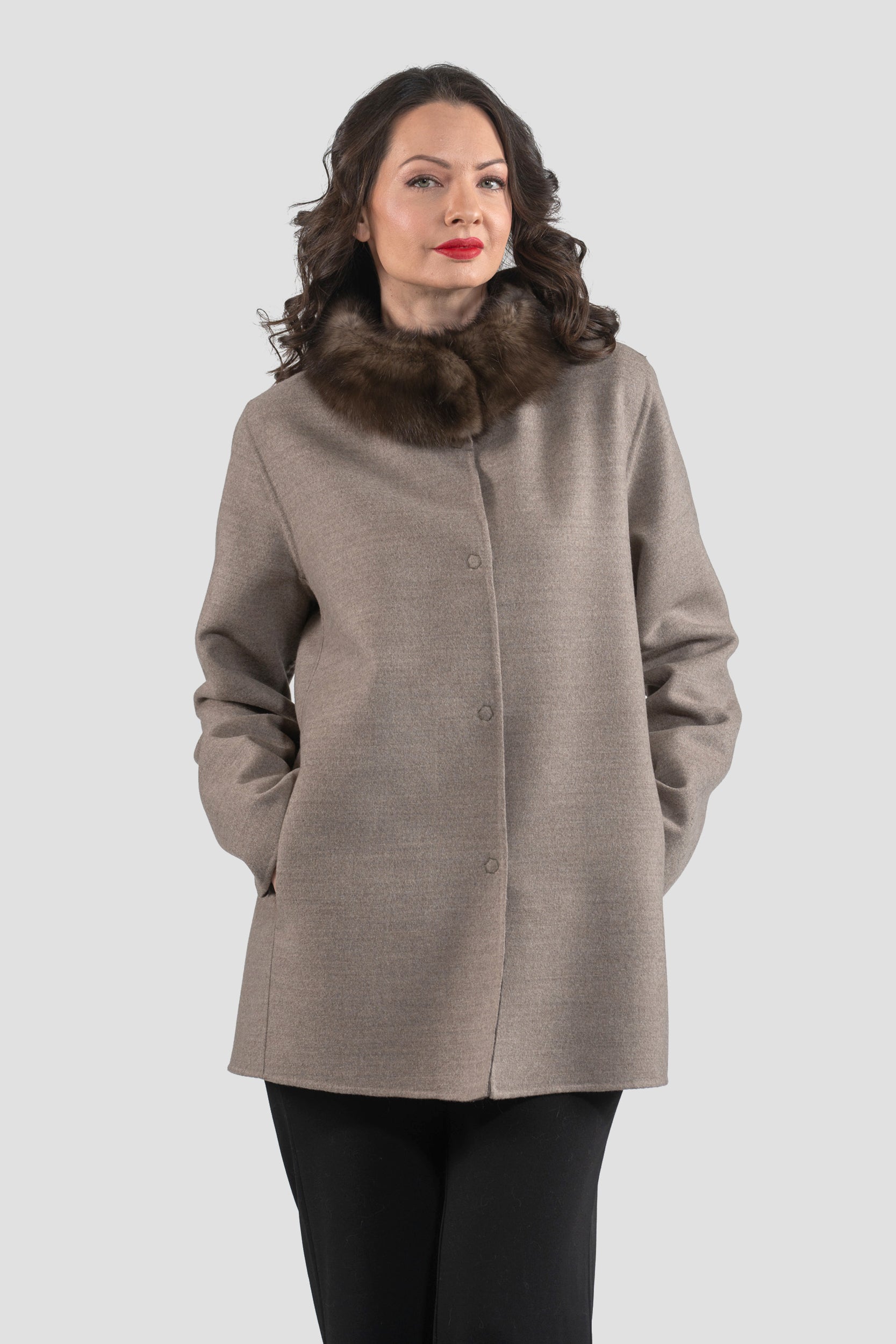 Grey Brown Cashmere Jacket with Russian Sable Stand Collar 17C8003G530