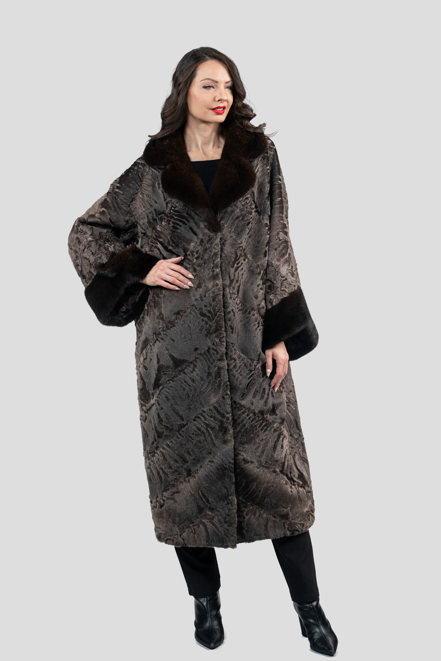 Chocolate Swakara Coat with Mink Trim A/K13C848gs20v30