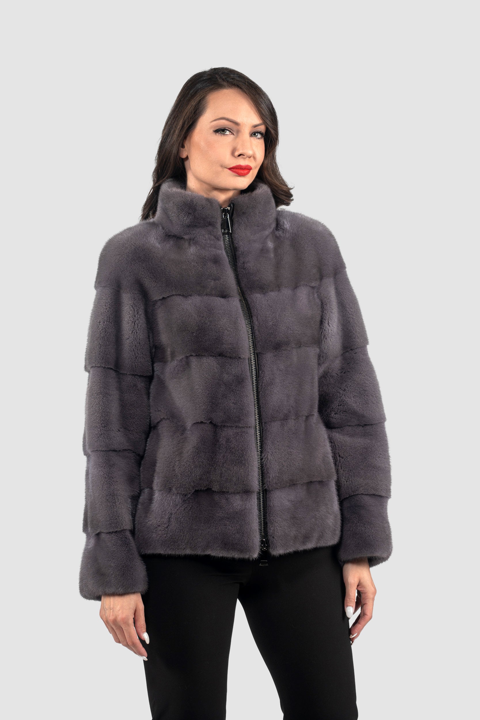 Grey Moon Mink Jacket with Stand Collar and Zipper P/K13C224